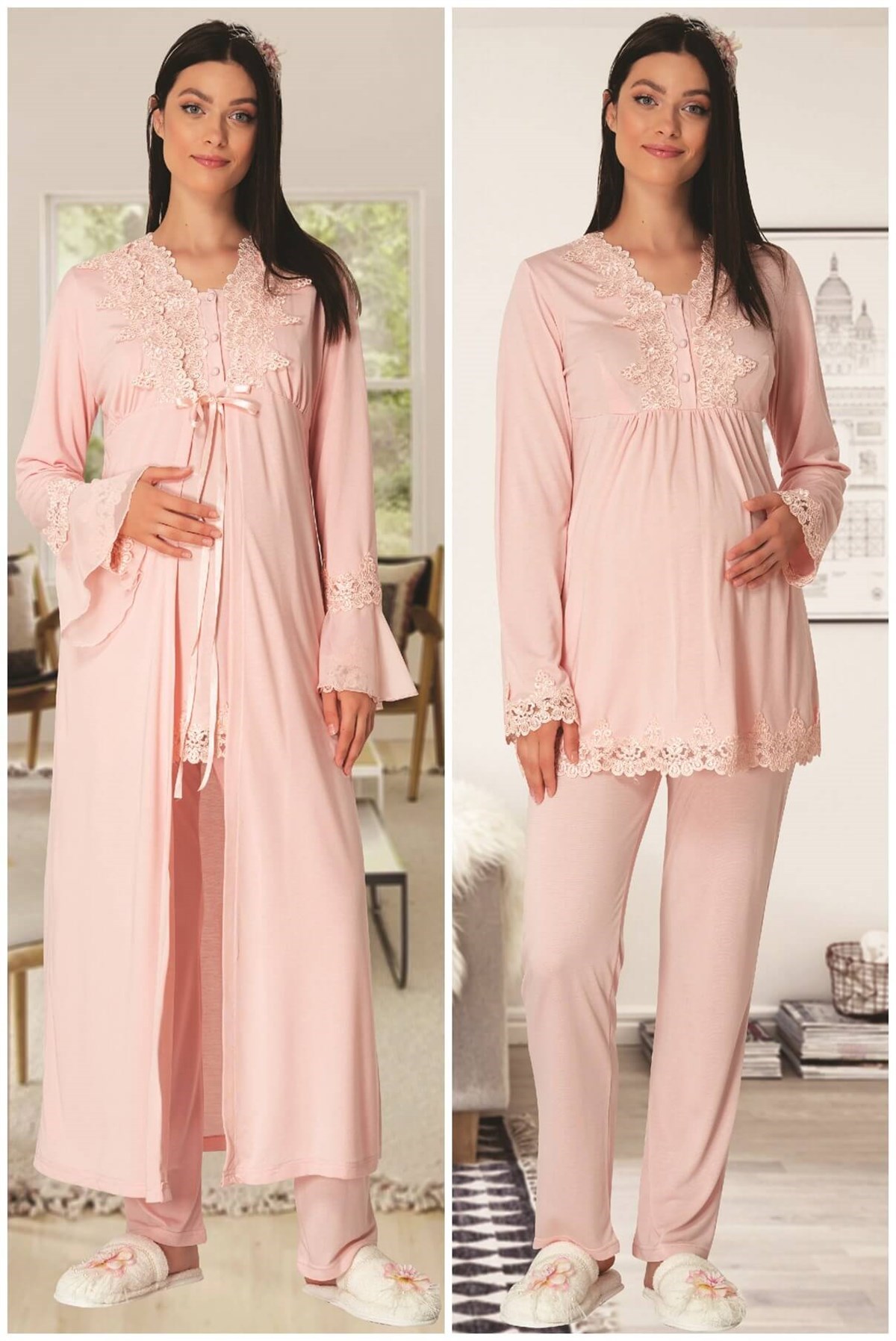 Carpediem L.R. 1517 Pudra Sabahlıklı Hamile Lohusa Pijama Takımı