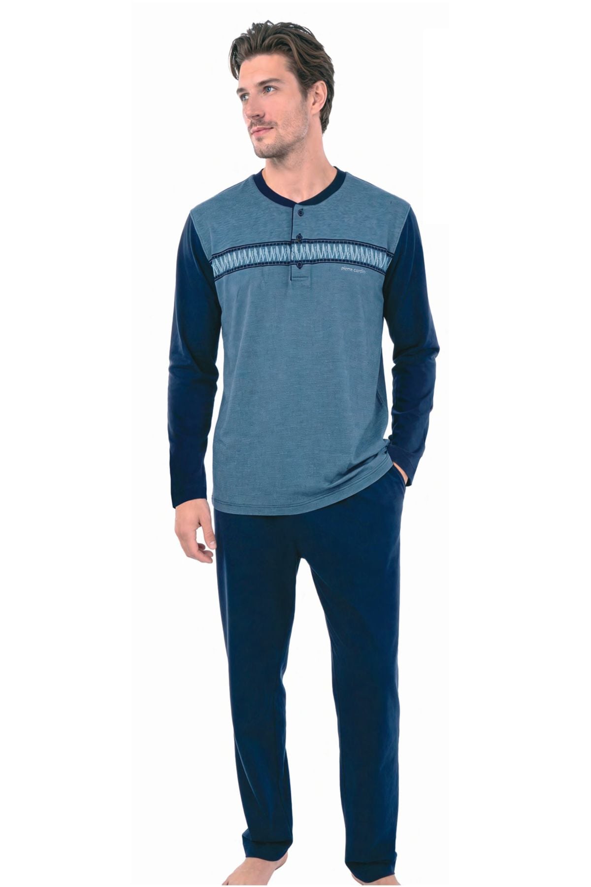 	Pierre Cardin 6141 Erkek Lacıvert Uzun Kollu Yarım Pat Jakarlı Pijama Takımı