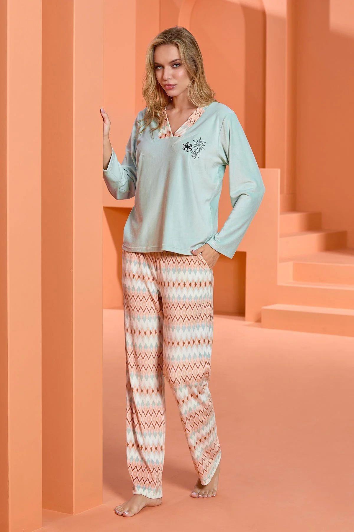 Cossy By Aqua 25013 Kadın Yesıl Uzun Kol Desenli Pijama TakımKadın Pijama TakımıCossy By Aqua