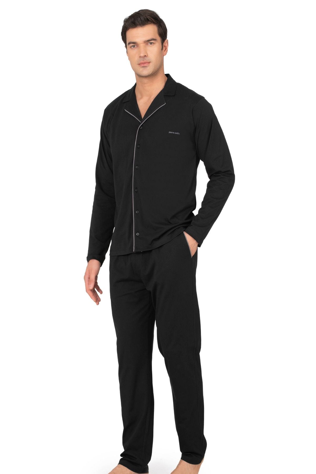 	Pierre Cardin 6140 Erkek Sıyah Uzun Kollu Boydan Düğmeli Gömlek Yakalı Pijama Takımı