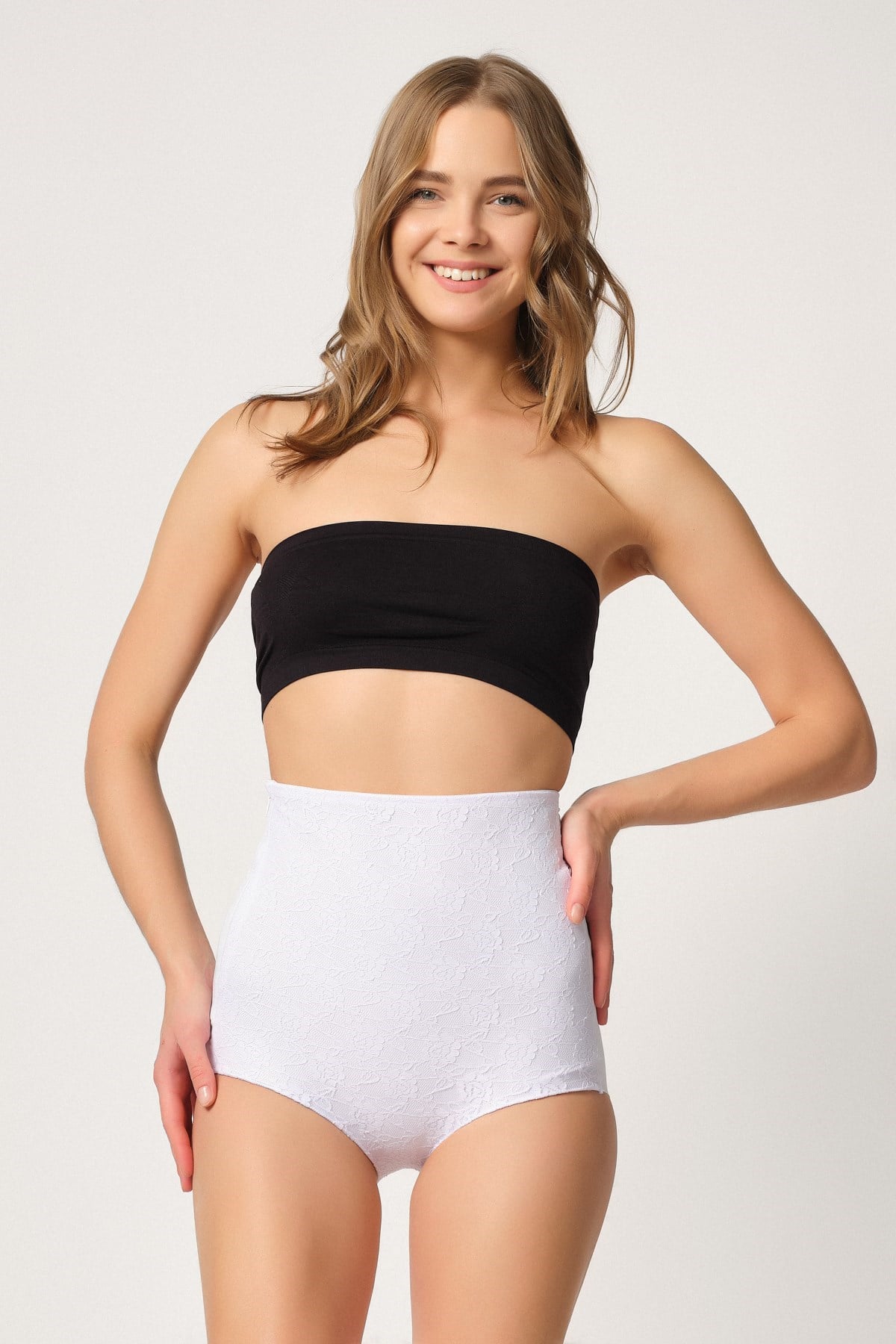 Emay 2842 Lazer Kesim Dantelli Yüksek Bel Slip Korse Beyaz
