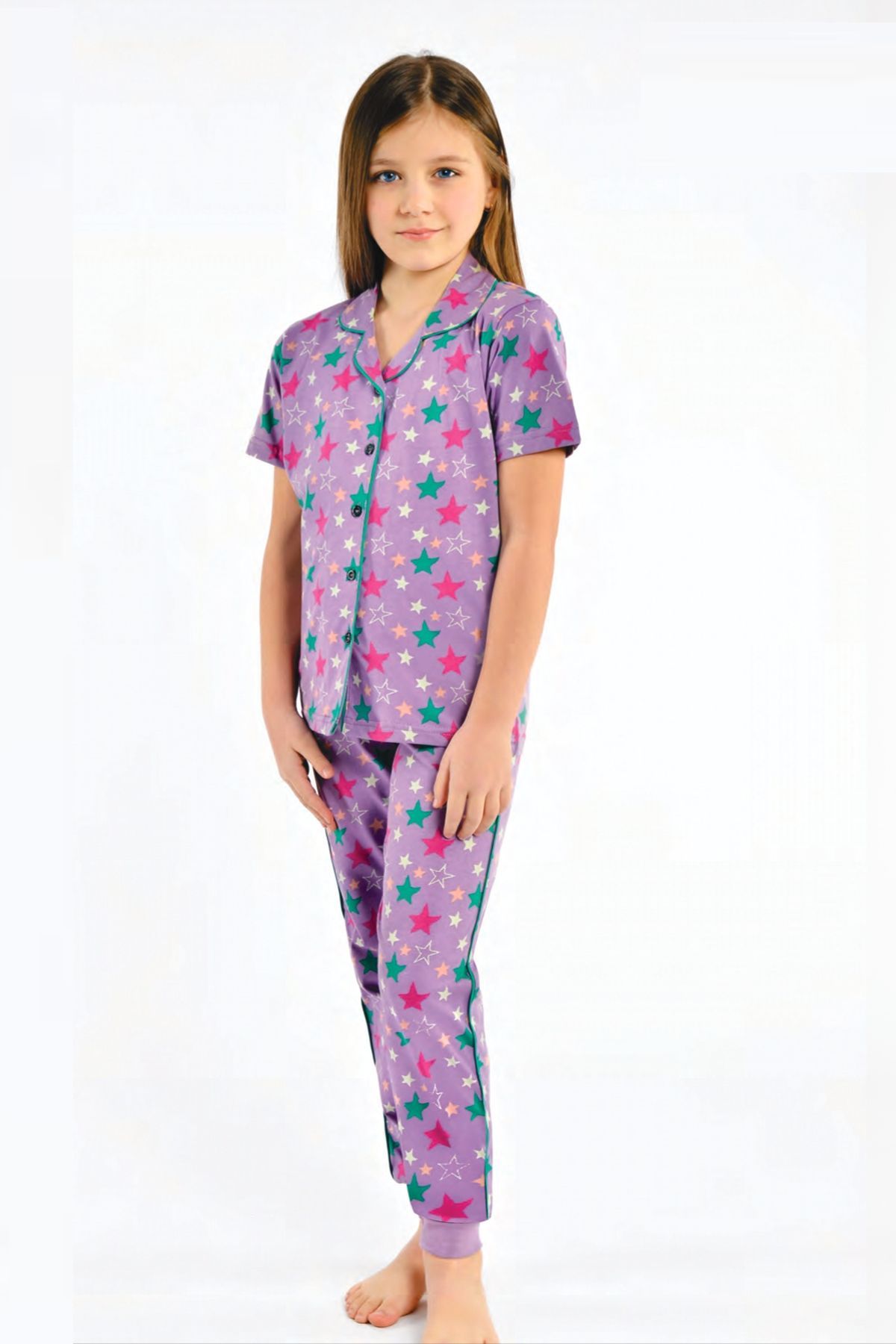 Ersoy Çocuk 511 Kız Çocuk Desenlı Kısa Kollu Boydan Patlı Pijama TakımıKız Çocuk PijamaErsoy Çocuk
