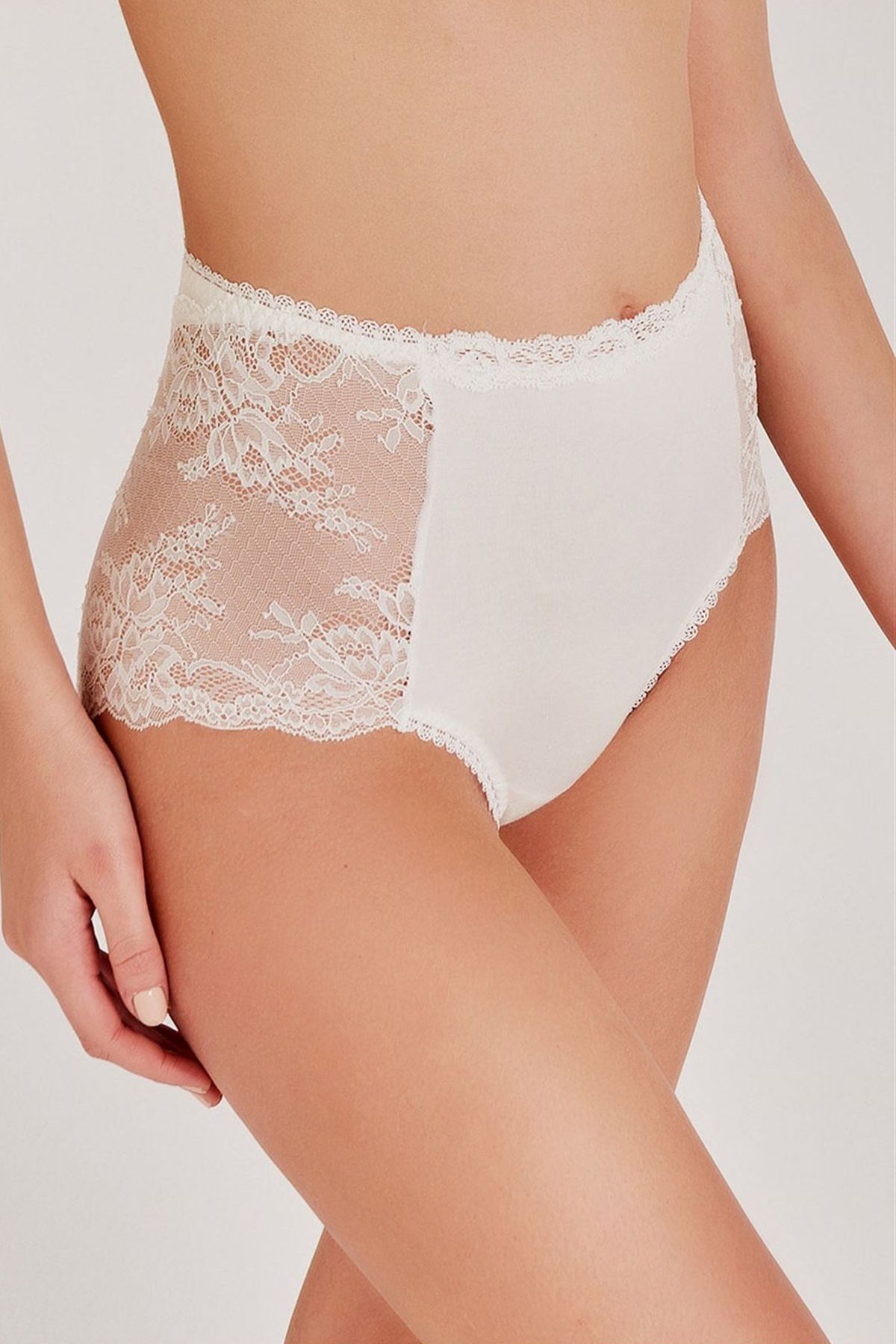 Magic Form 589 Kadın Ekru Leylak Kumaşlı Yüksel Bel Dantelli KülotSlip KülotMagic Form