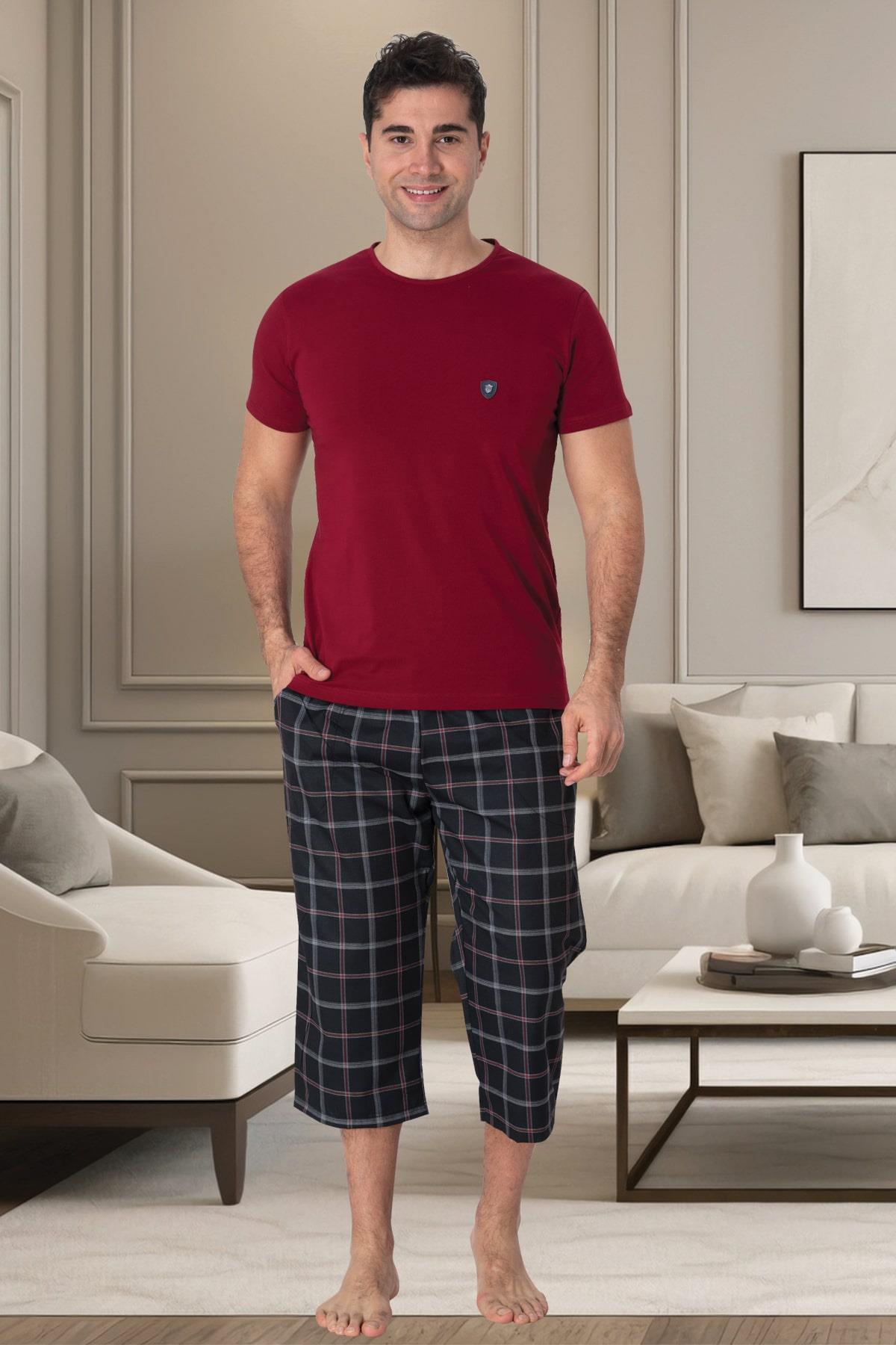 Mecit 2911 Bordo Ekoseli Erkek Büyük Beden Capri Pijama Takımı