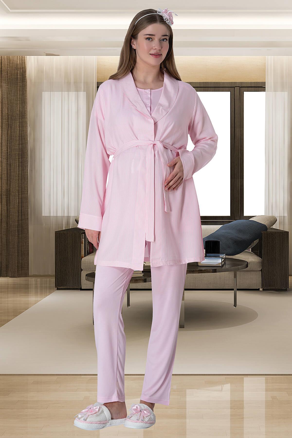 Mecit 6001 Pembe Çizgili Sabahlıklı Lohusa Pijama Takımı