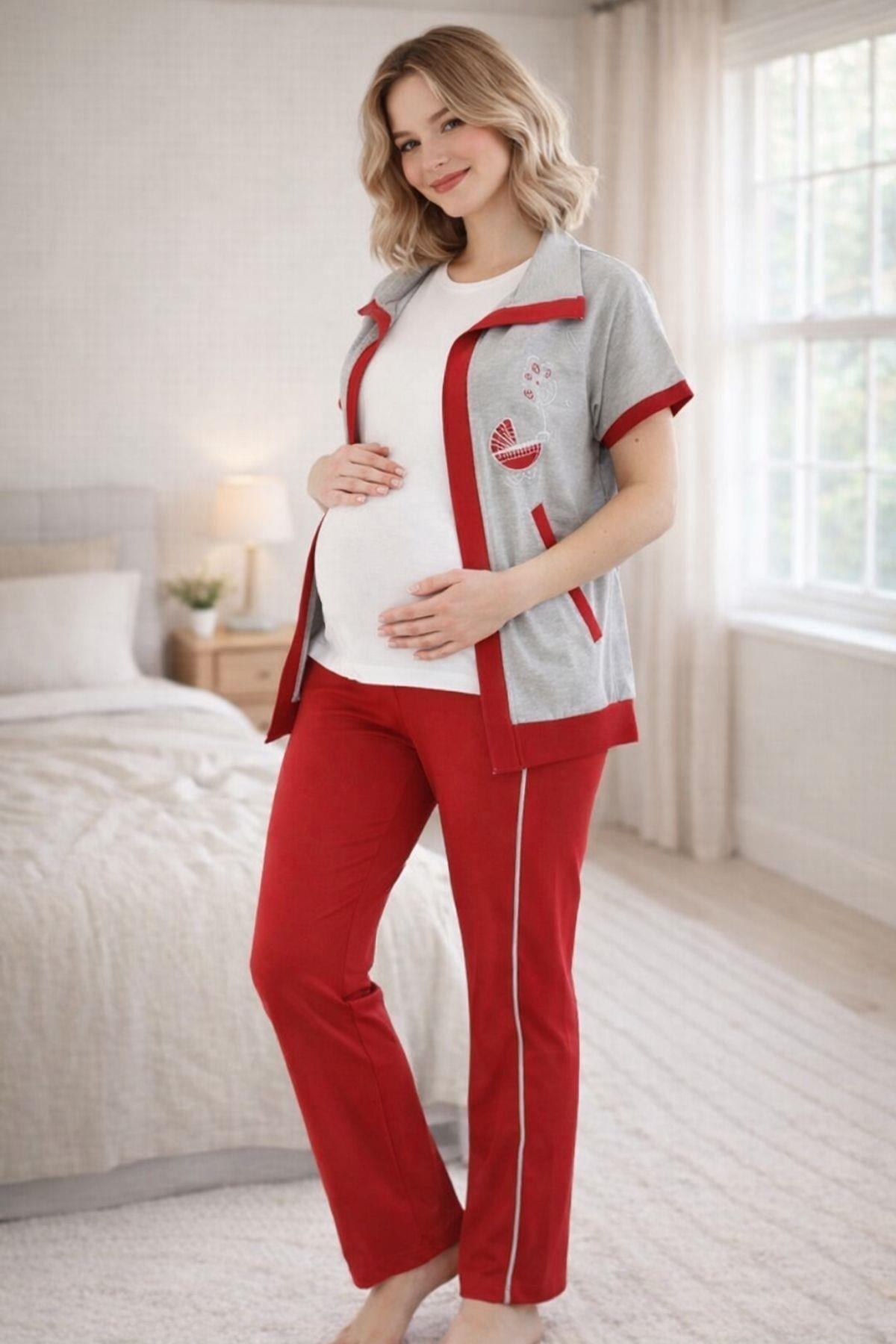 Mecit 6352 Kırmızı 3'lü Hamile Lohusa Pijama Takımı
