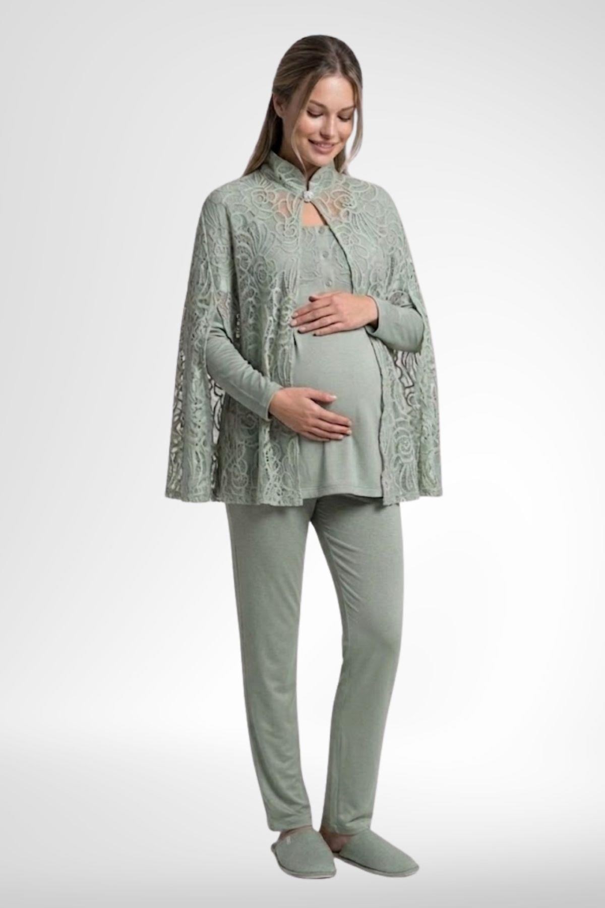 Mecit 6402 Elegant Yeşil Dantel Pelerinli Lohusa Pijama Takımı