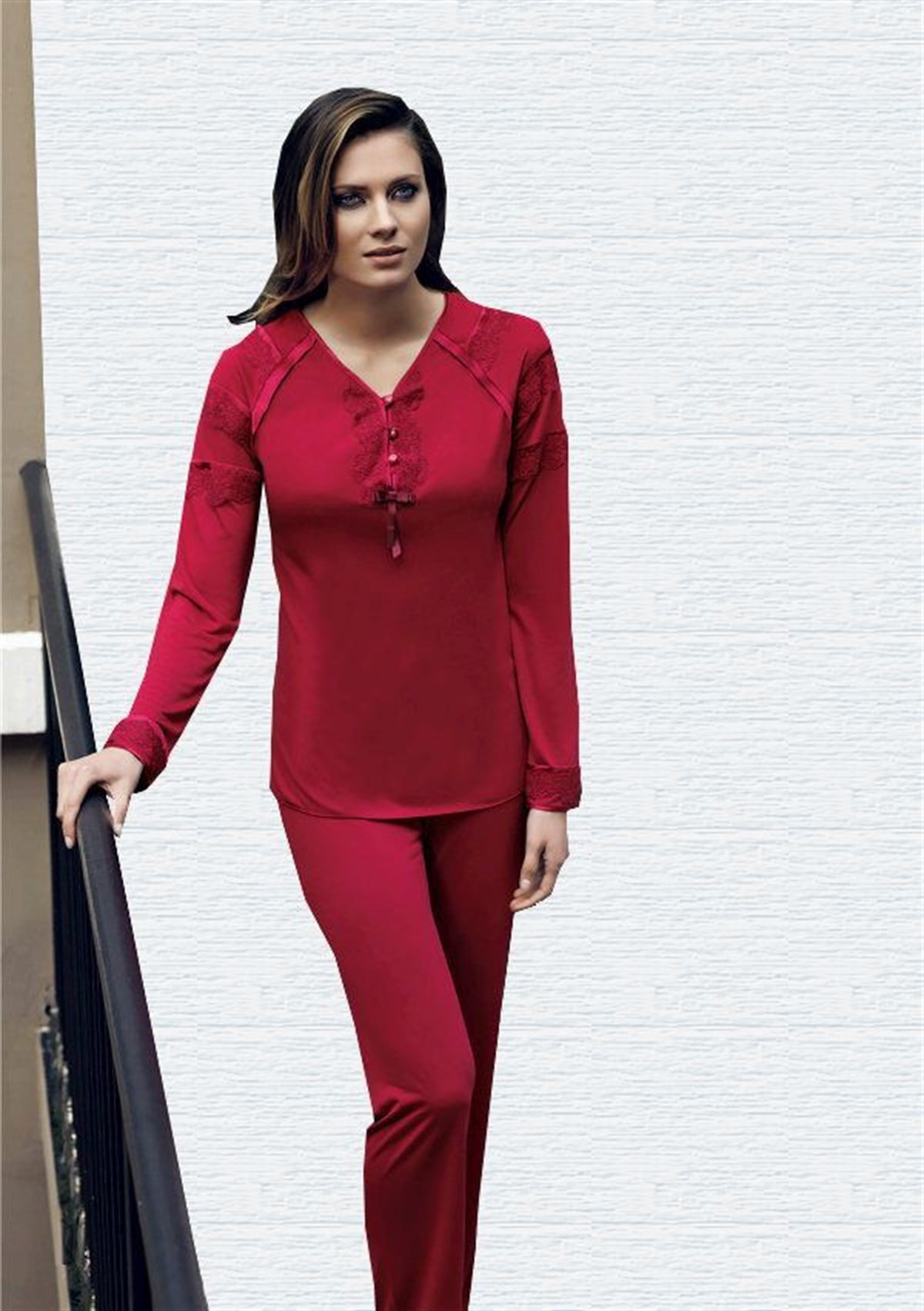 Miss Carmen 2021 Kadın İkili V Yaka Uzun Kol Penye Lohusa Pijama Takımı - Bordo