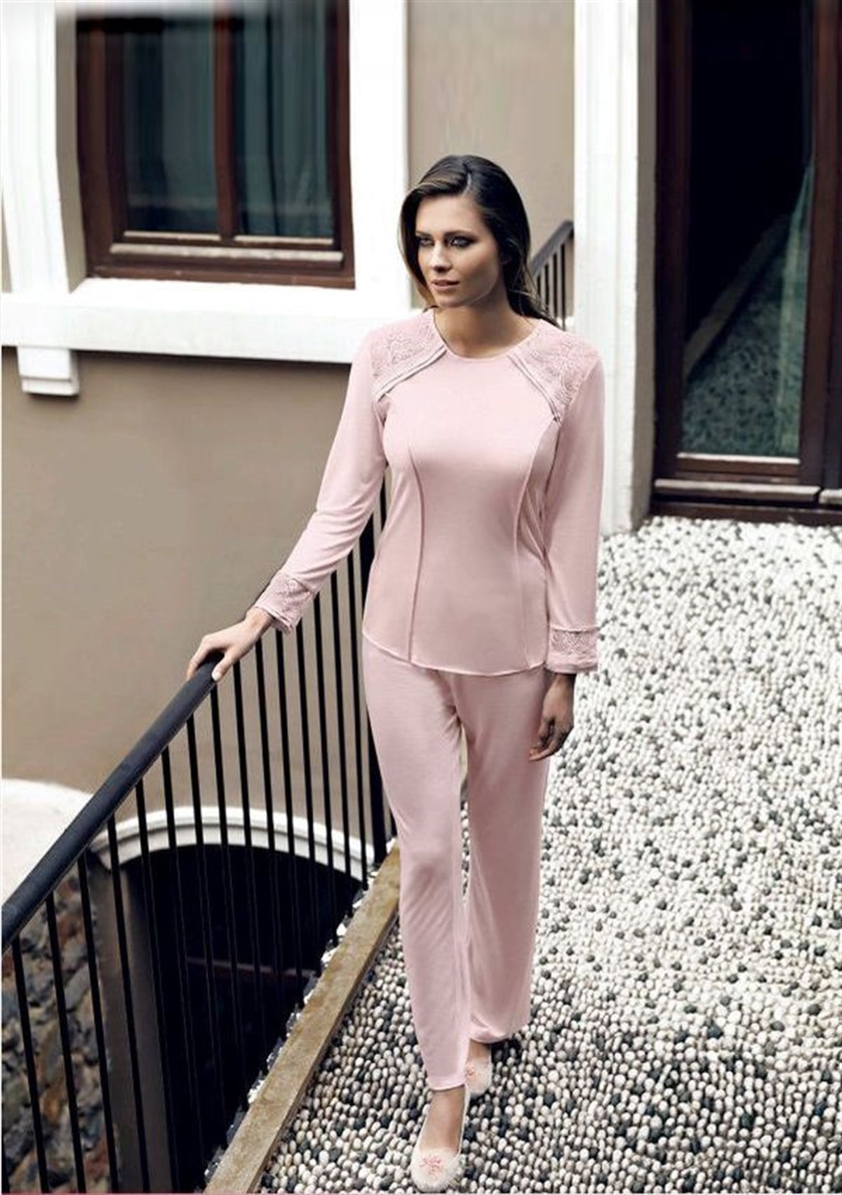 Miss Carmen 2027 Kadın İkili Uzun Kollu Dantel Detaylı Penye Lohusa Pijama Takımı - Pudra