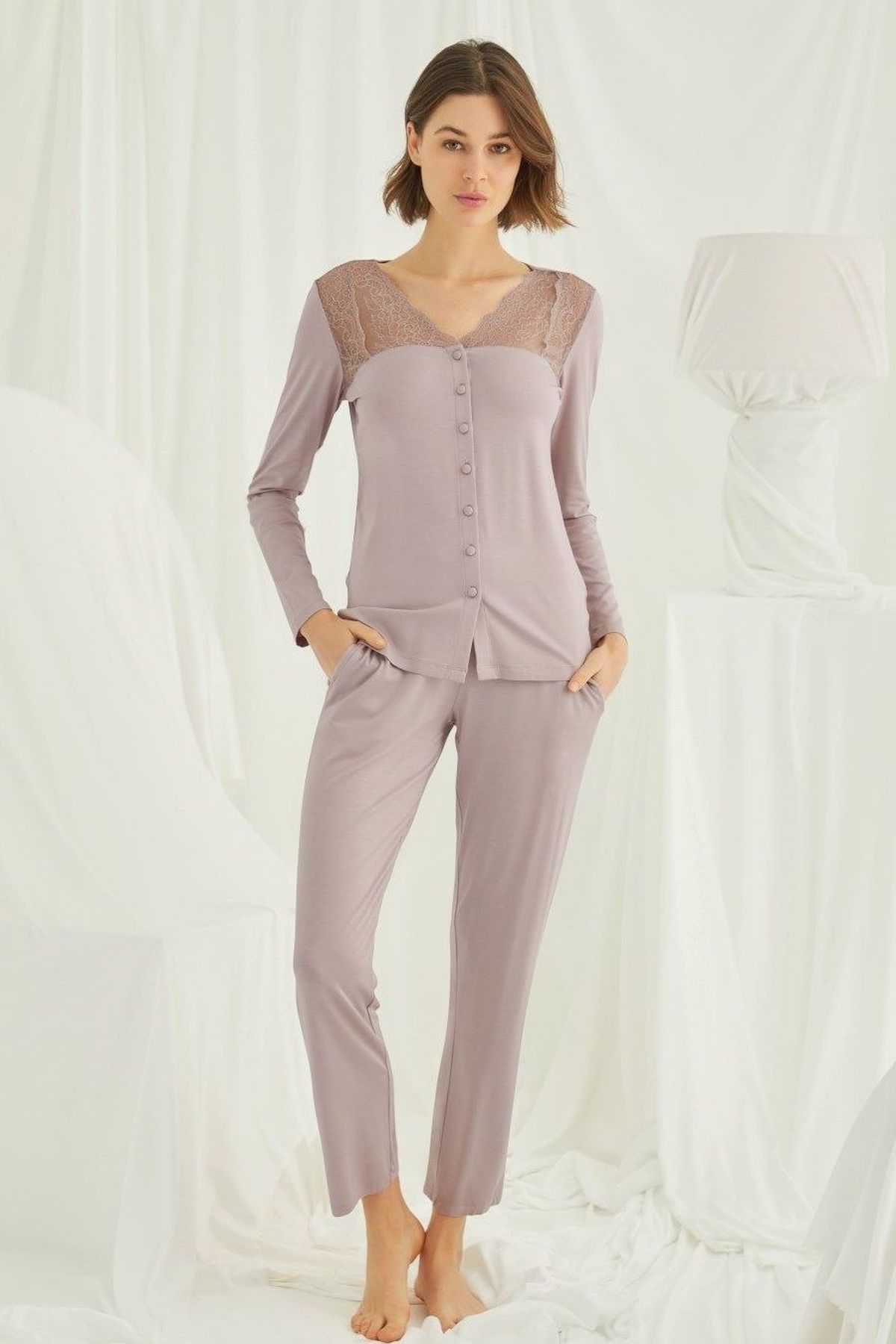 Monamise 18434 Kadın Vizon Uzun Kollu Pijama TakımKadın Pijama TakımıMonamise