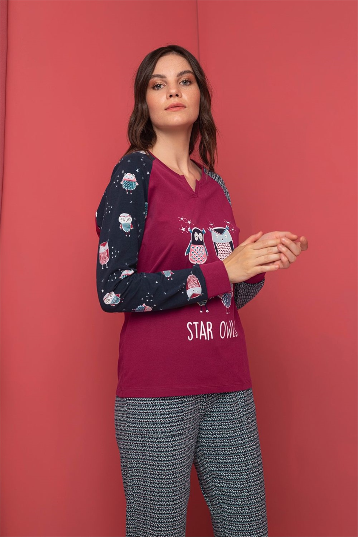 Monamise 20129 Kadın Bordo Uzun Kollu Pijama TakımKadın Pijama TakımıMonamise