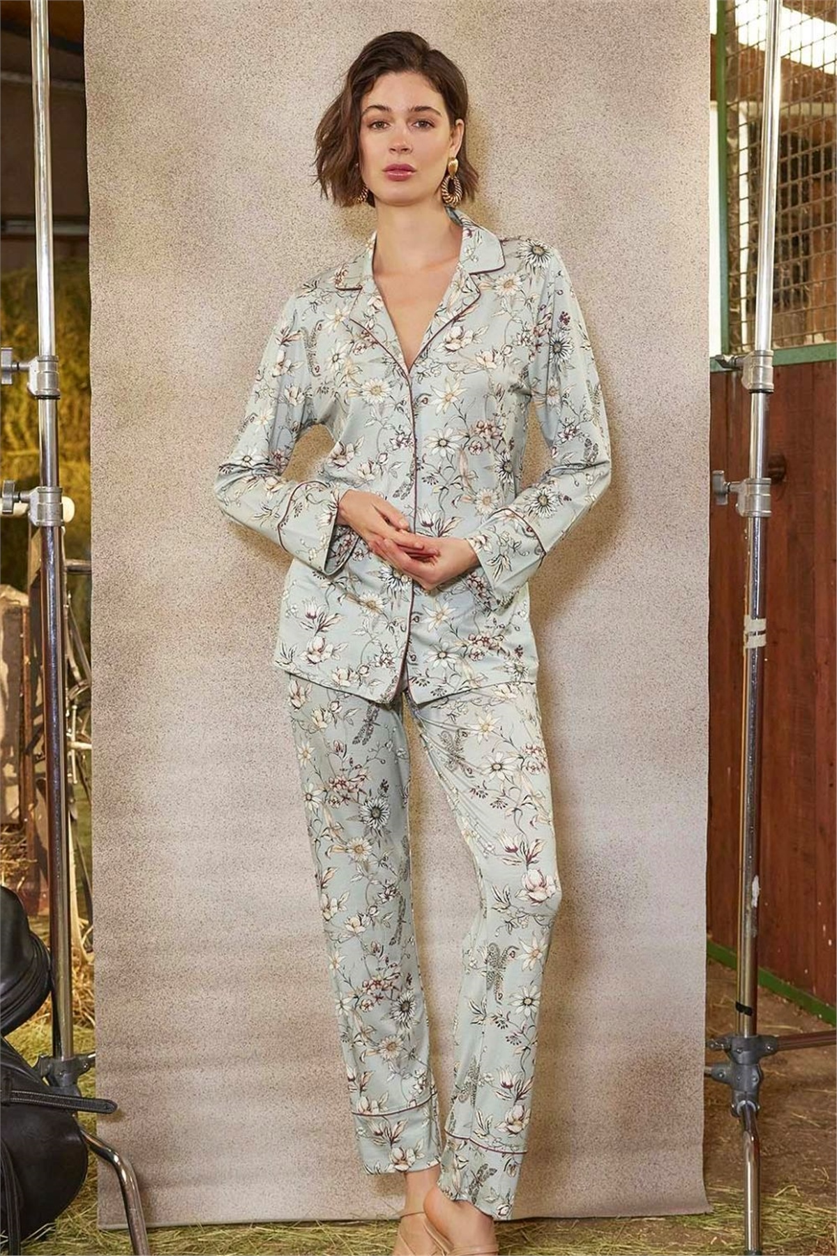Monamise 21131 Kadın Kiremit Uzun Kollu Önden Düğmeli Pijama TakımKadın Pijama TakımıMonamise