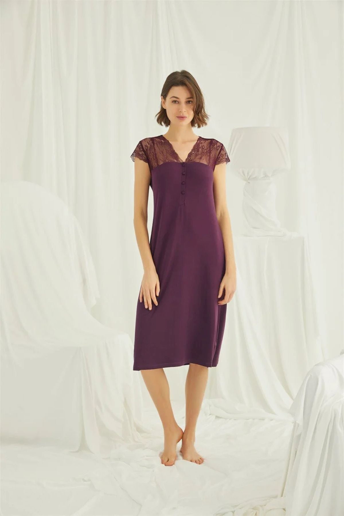 Monamise Kadın Bordo Dantelli Yakası Düğmeli Gecelik 18403Kadın GecelikMonamise