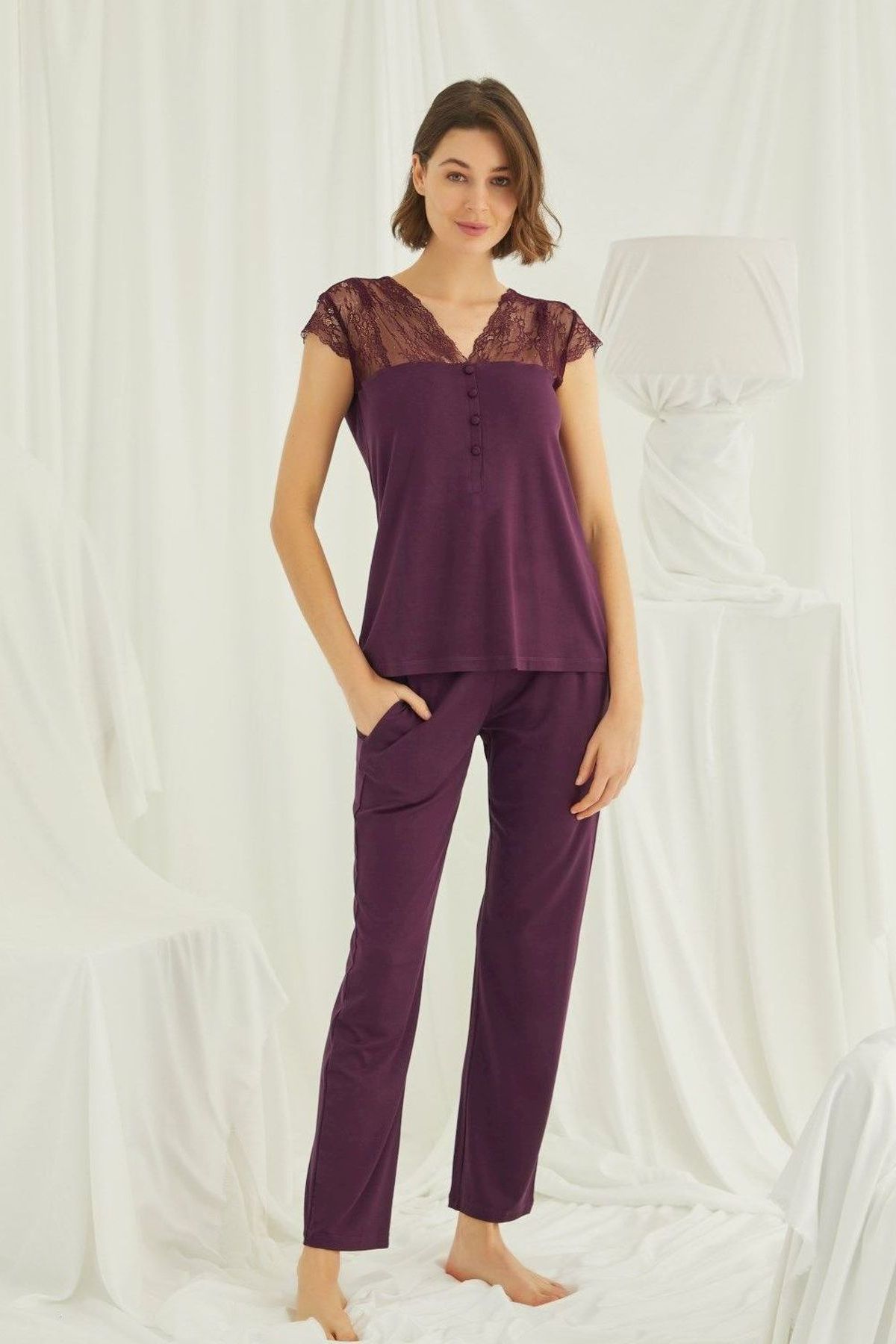Monamise Kadın Bordo Kısa Kollu Pijama Takım 18420Kadın Pijama TakımıMonamise