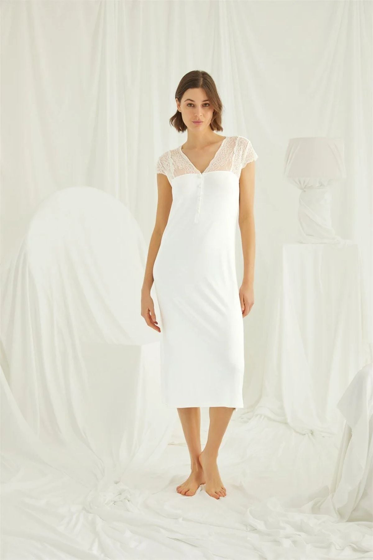 Monamise Kadın Ekru Dantelli Yakası Düğmeli Gecelik 18407Kadın GecelikMonamise