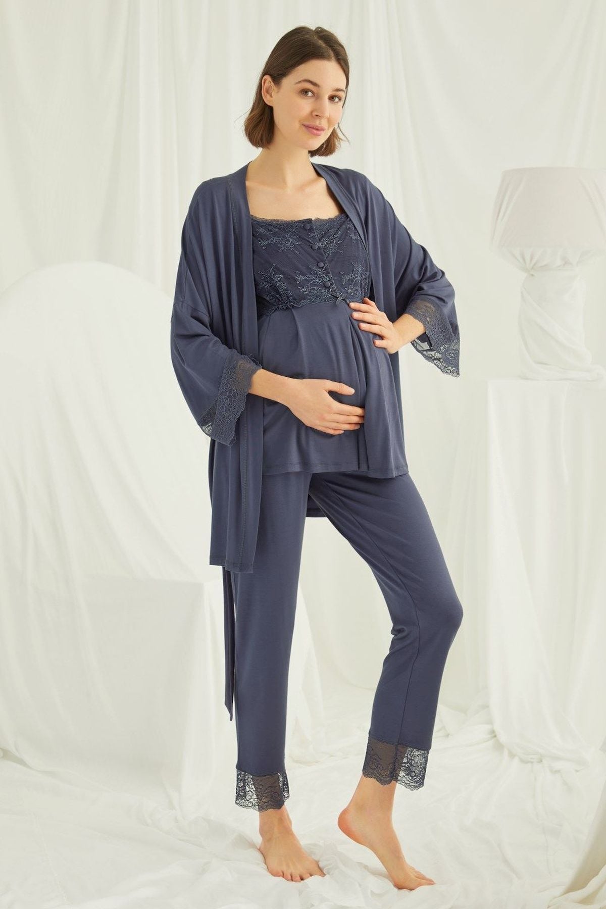 Monamise Kadın Lacivert Hamile Lohusa Sabahlıklı Pijama Takım 18211Sabahlıklı Lohusa Pijama TakımlarıMonamise