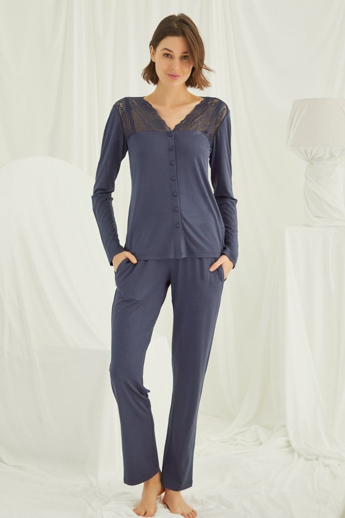 Monamise Kadın Lacivert Uzun Kollu Pijama Takım 18209Kadın Pijama TakımıMonamise