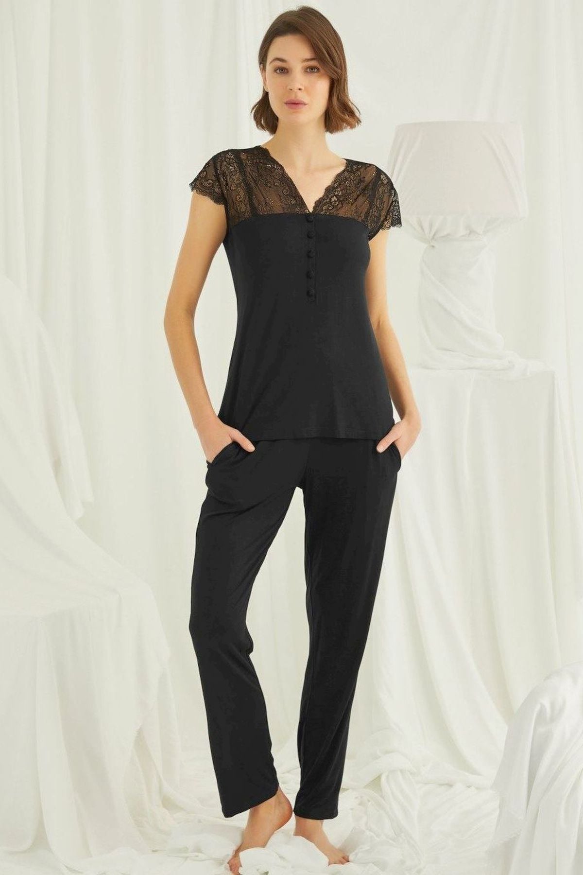 Monamise Kadın Siyah Kısa Kollu Pijama Takım 18422Kadın Pijama TakımıMonamise