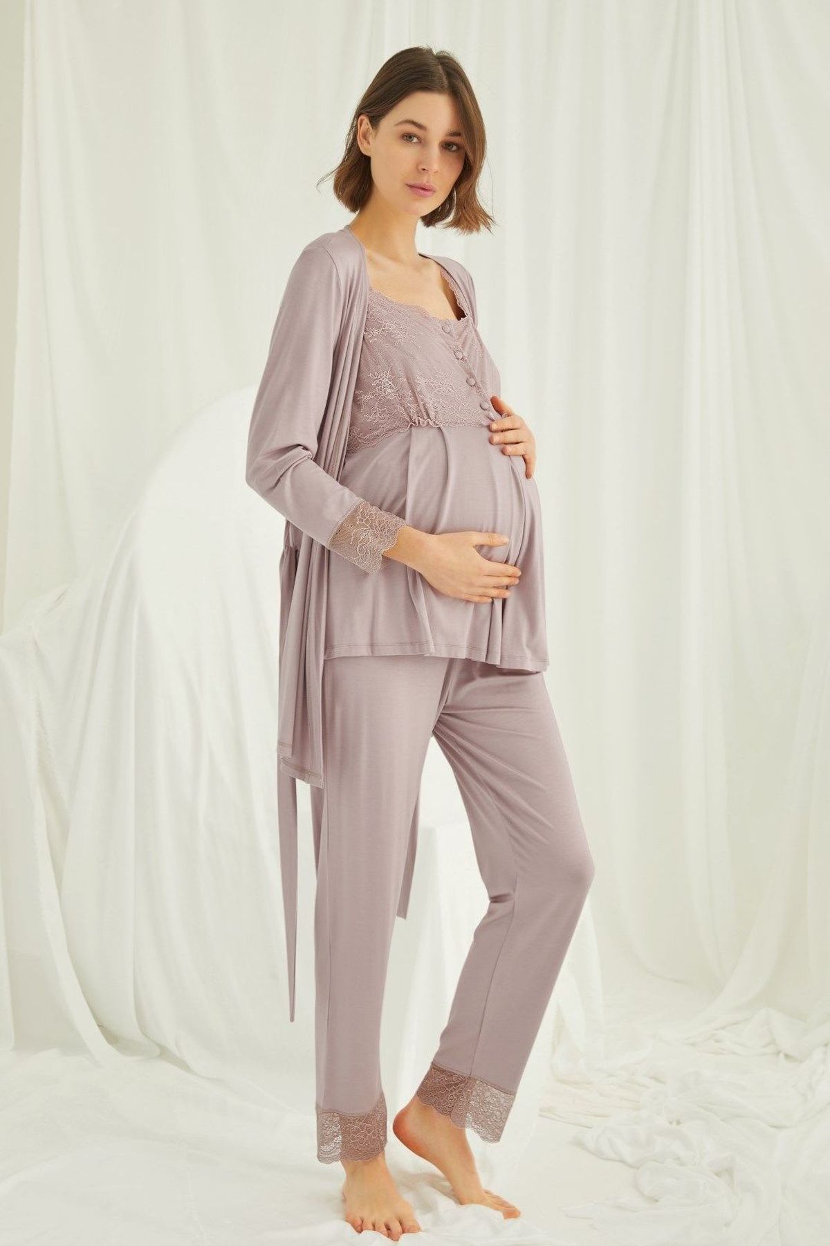 Monamise Kadın Vizon Hamile Lohusa Sabahlıklı Pijama Takım 18441Sabahlıklı Lohusa Pijama TakımlarıMonamise