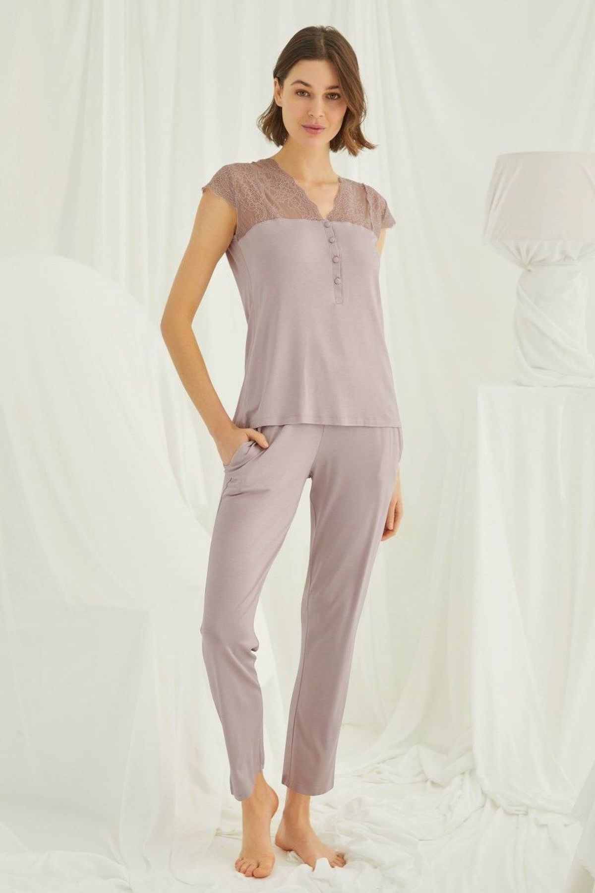 Monamise Kadın Vizon Kısa Kollu Pijama Takım 18437Kadın Pijama TakımıMonamise