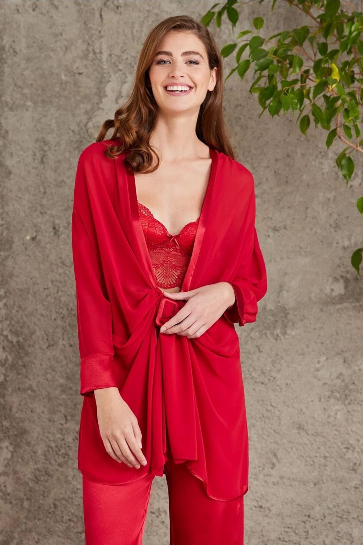 Pierre Cardin 7025 Kadın Kırmızı 4'lü Saten Takım Gelin Çeyiz SetiSetlerPierre Cardin