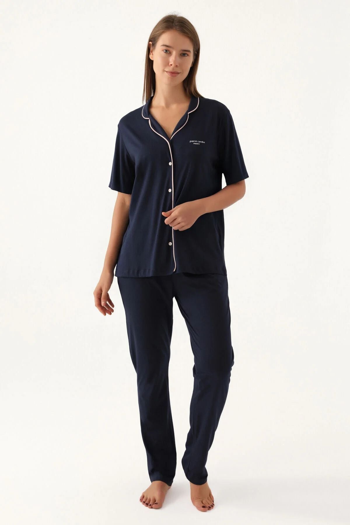 Pierre Cardin 7715 Kadın Lacivert Kısa Kollu Önden Düğmeli Biyeli Gömlek Pijama TakımıKadın Pijama TakımıPierre Cardin