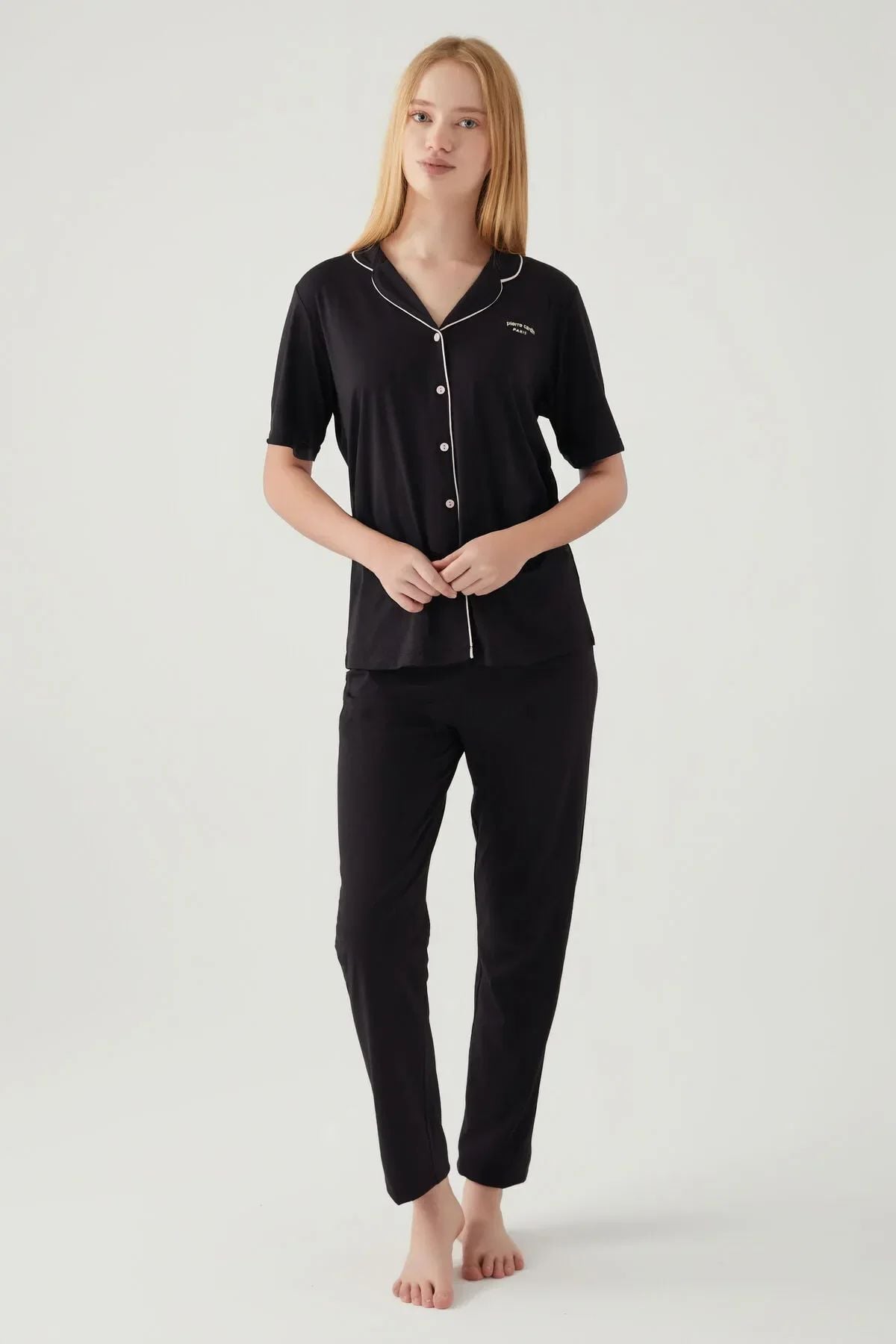 Pierre Cardin 7715 Kadın Siyah Kısa Kollu Önden Düğmeli Biyeli Gömlek Pijama TakımıKadın Pijama TakımıPierre Cardin