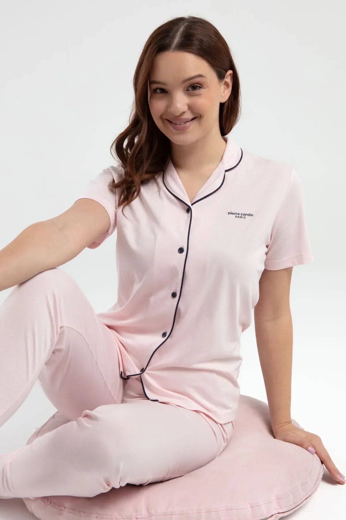 Pierre Cardin 7715 Kadın Somon Kısa Kollu Önden Düğmeli Biyeli Gömlek Pijama TakımıKadın Pijama TakımıPierre Cardin