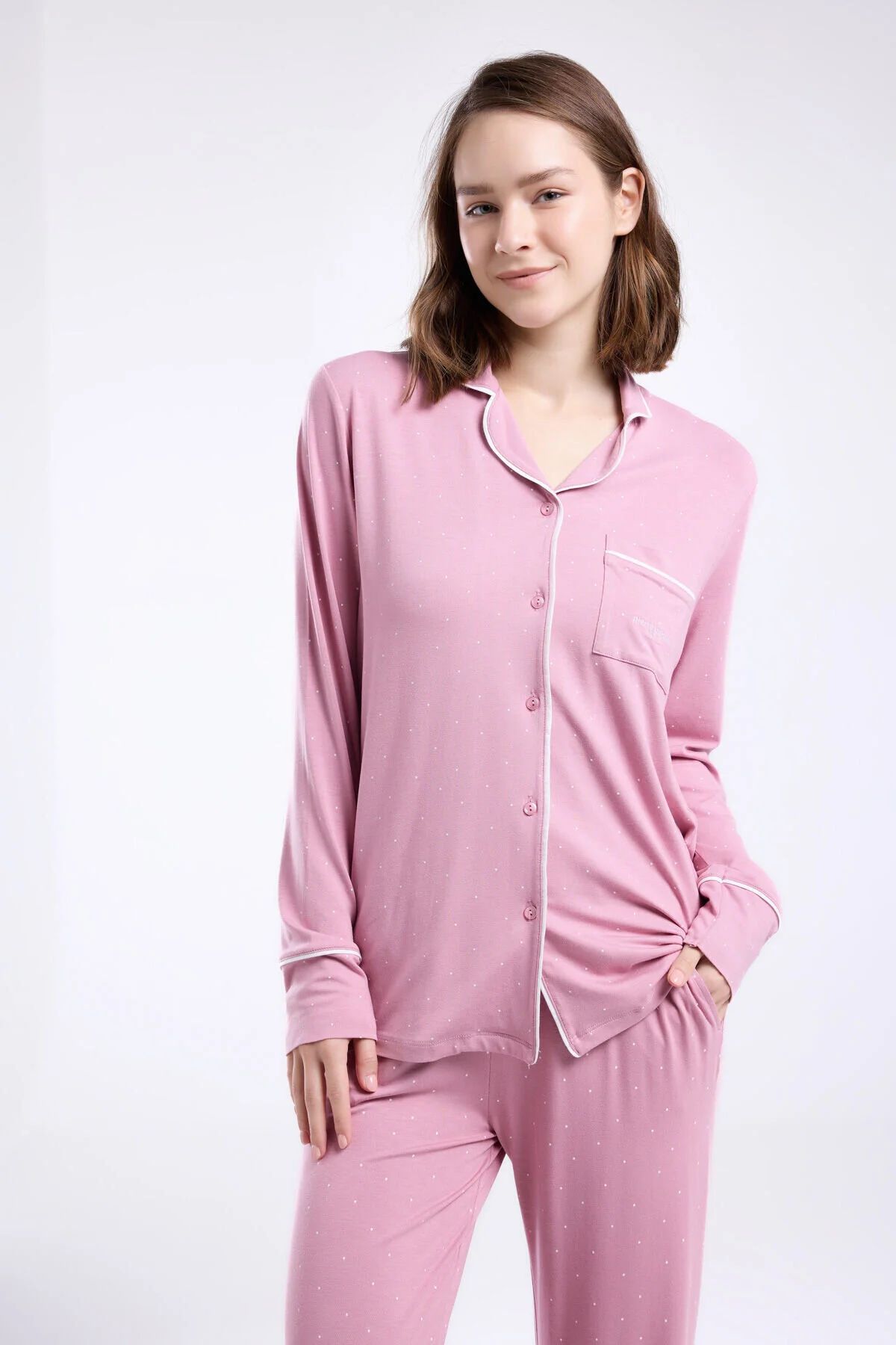 Pierre Cardin 8986 Kadın Gül Kurusu Uzun Kollu Önden Düğmeli Biyeli Gömlek Pijama TakımıKadın Pijama TakımıPierre Cardin