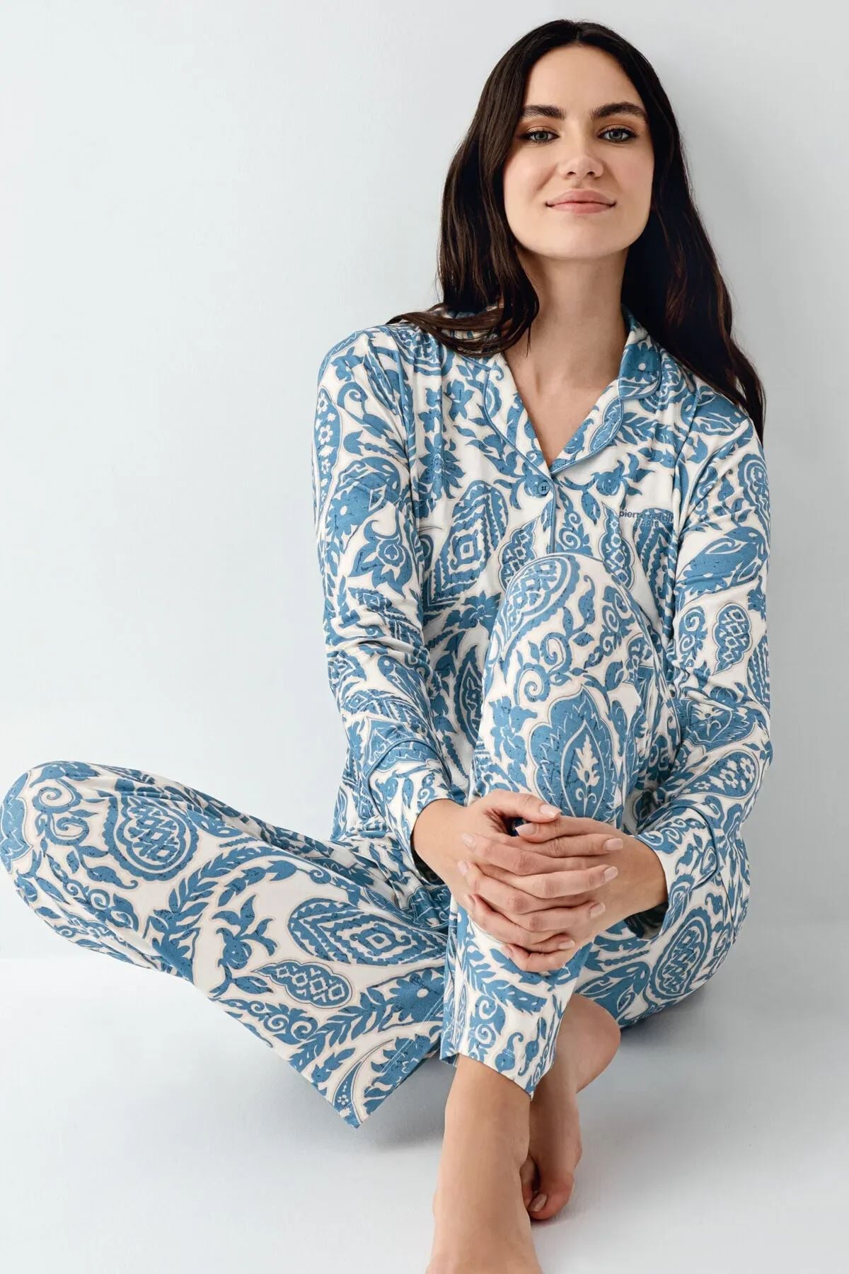 Pierre Cardin 9076 Kadın Krem Uzun Kollu Önden Düğmeli Gömlek Pijama TakımıKadın Pijama TakımıPierre Cardin