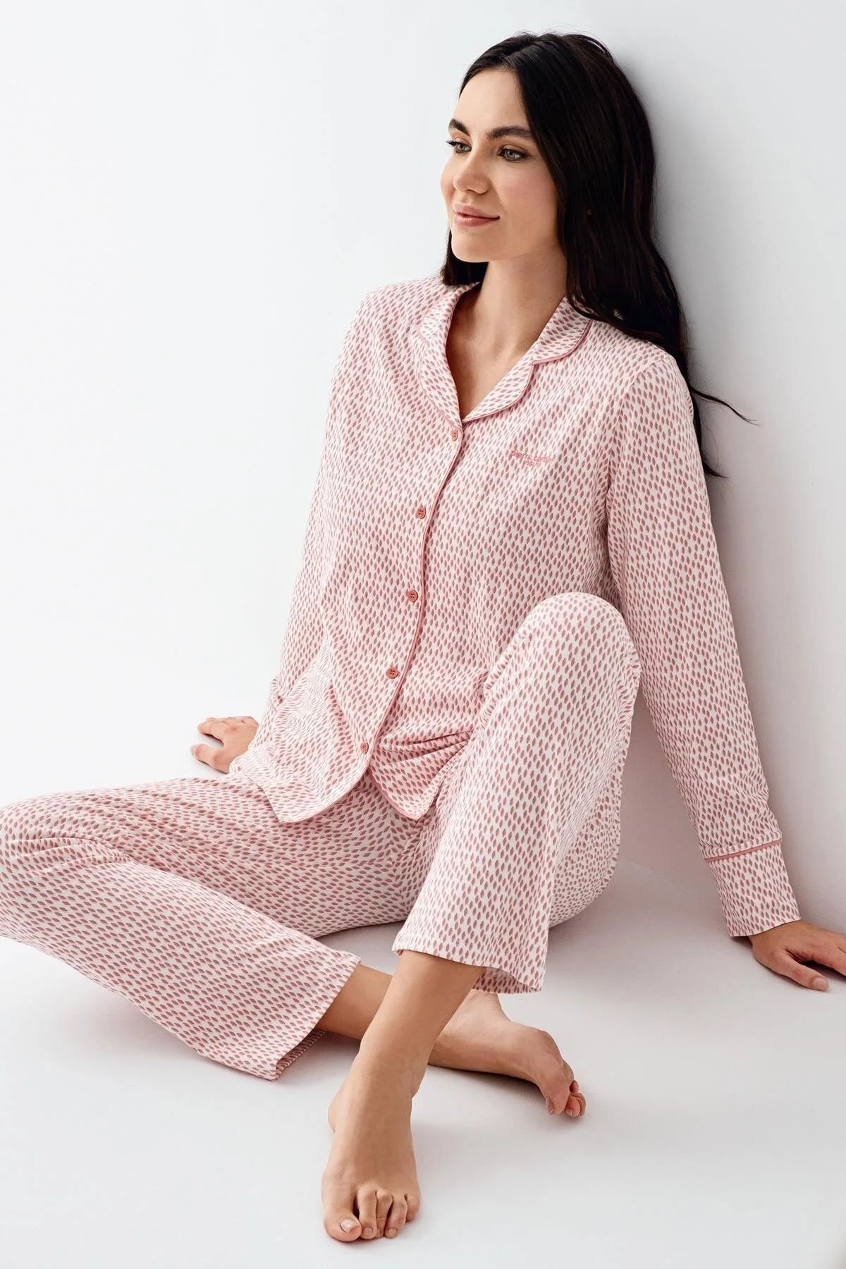 Pierre Cardin 9081 Kadın Pembe Uzun Kollu Önden Düğmeli Gömlek Pijama TakımıKadın Pijama TakımıPierre Cardin