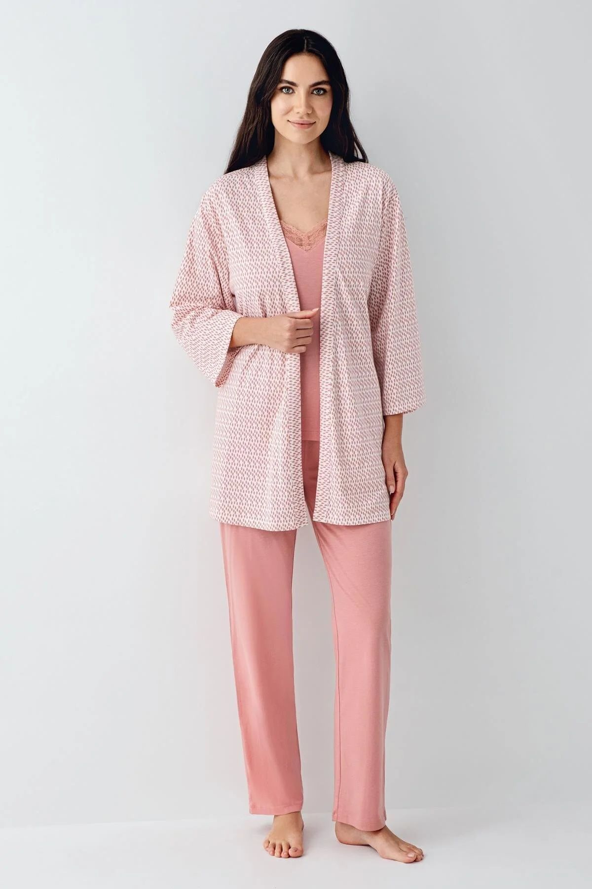 Pierre Cardin 9082 Kadın Pembe Sabahlıklı İp Askılı Dantel Detaylı 3'Lü Pijama TakımıKadın Sabahlıklı Pijama TakımıPierre Cardin
