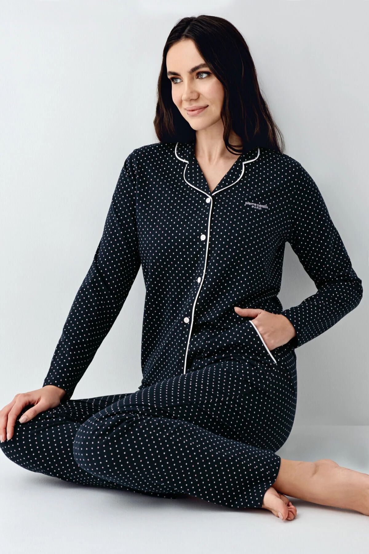 Pierre Cardin 9092 Kadın Siyah Uzun Kollu Önden Düğmeli Gömlek Pijama TakımıKadın Pijama TakımıPierre Cardin