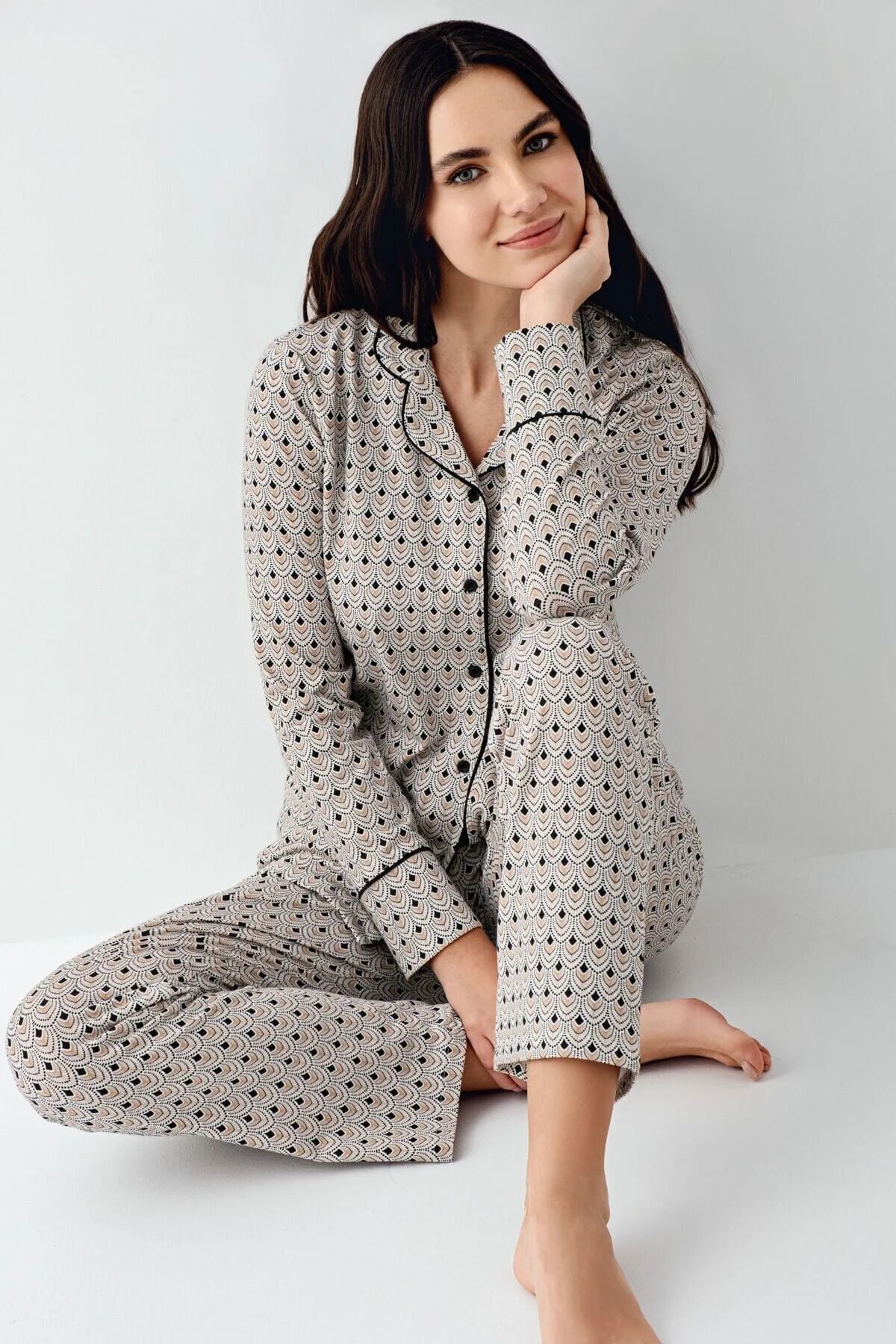 Pierre Cardin 9103 Kadın Siyah Uzun Kollu Önden Düğmeli Gömlek Pijama TakımıKadın Pijama TakımıPierre Cardin