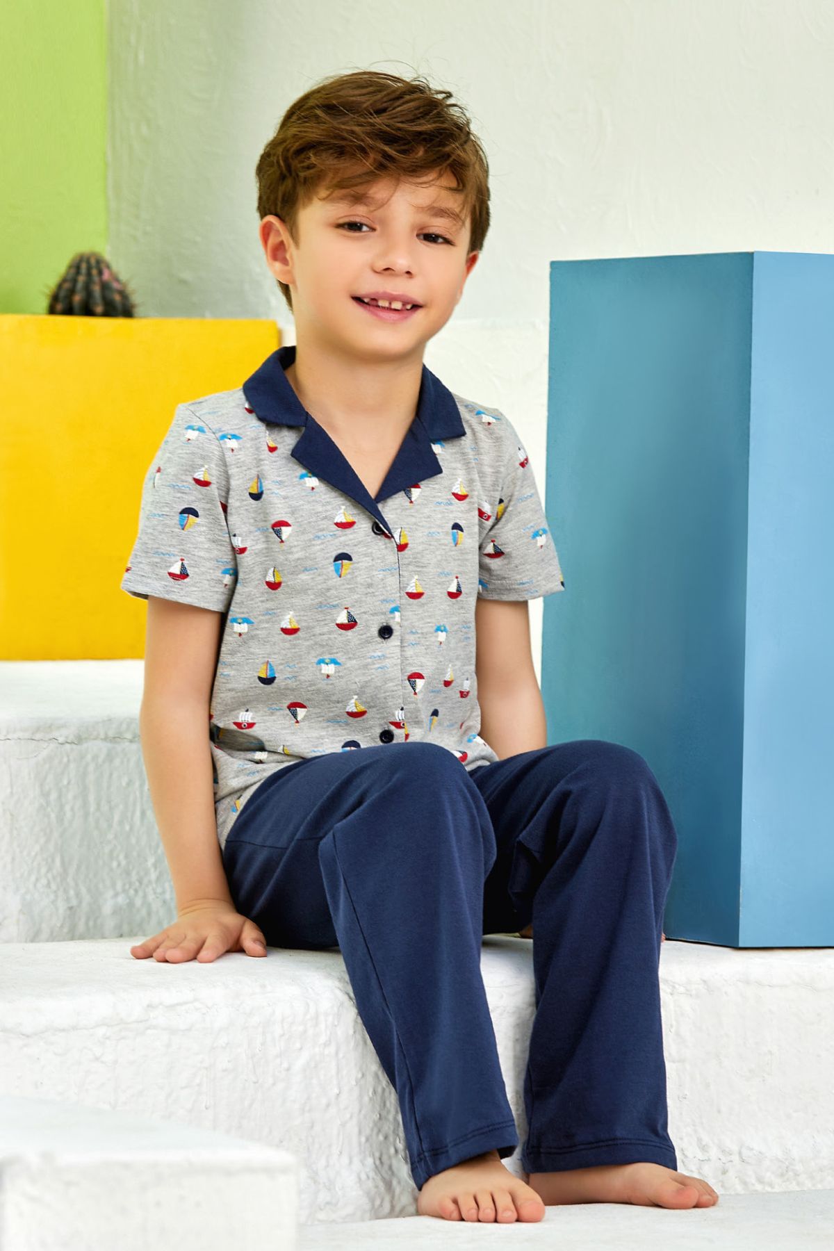 Pikidor 188 Lacivert Pamuklu Erkek Çocuk Gömlek Yaka Pijama Takımı |  Burdagel.com