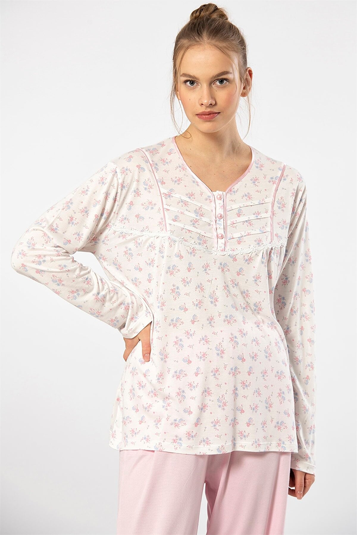 Türen 3366 Pembe Kadın Empirme Patlı Battal Uzun Kollu Pijama TakımKadın Battal Pijama TakımıTüren