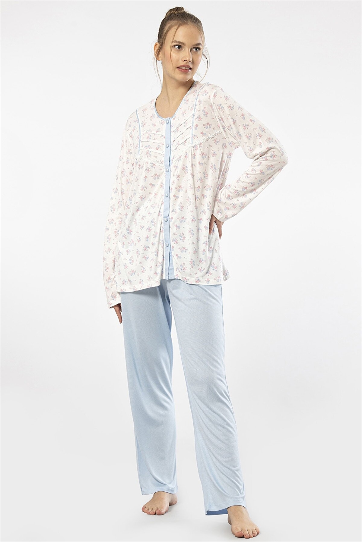 Türen 3367 Mavi Kadın Empirme Patlı Battal Uzun Kollu Pijama TakımKadın Battal Pijama TakımıTüren