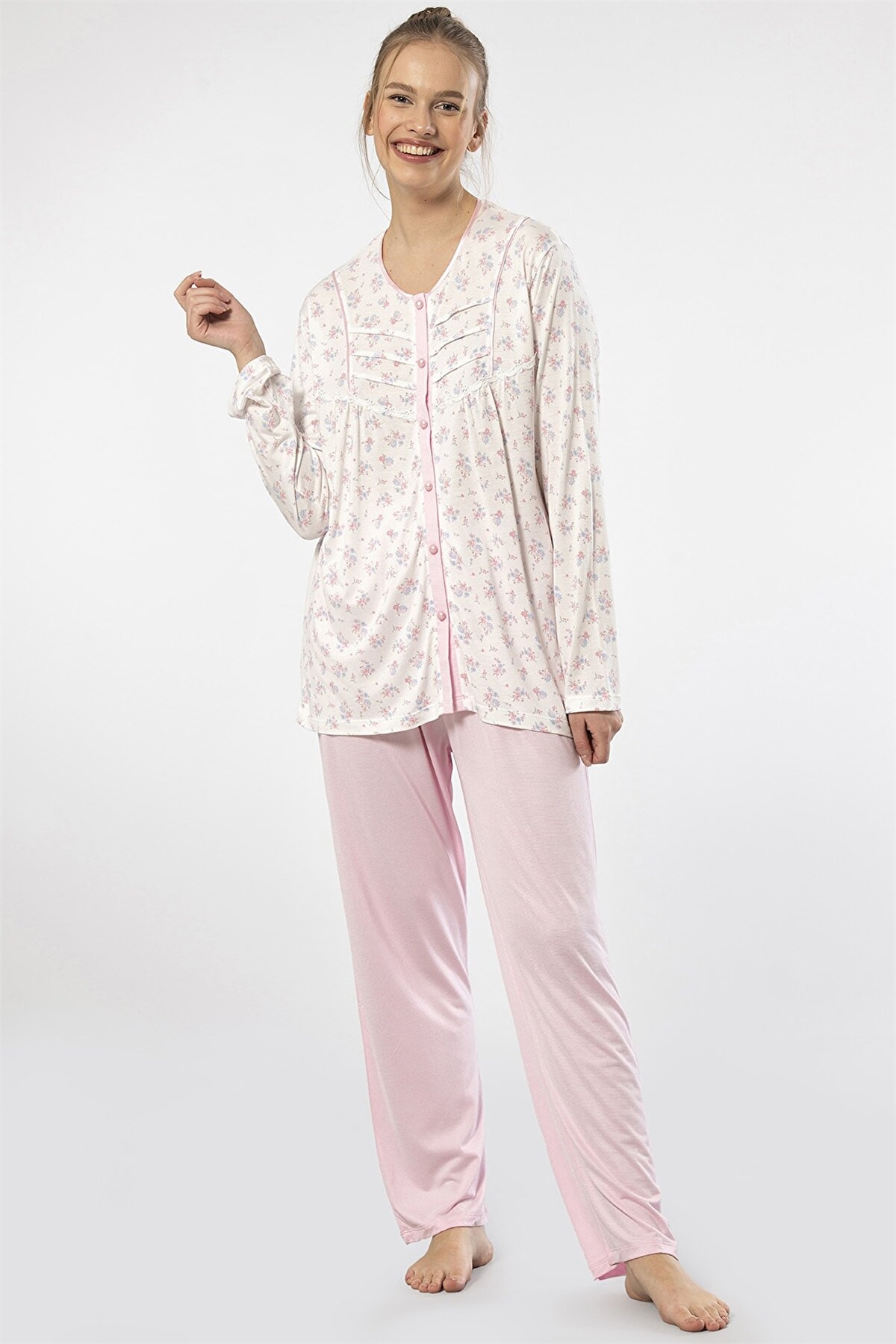 Türen 3367 Pembe Kadın Empirme Patlı Battal Uzun Kollu Pijama TakımKadın Battal Pijama TakımıTüren