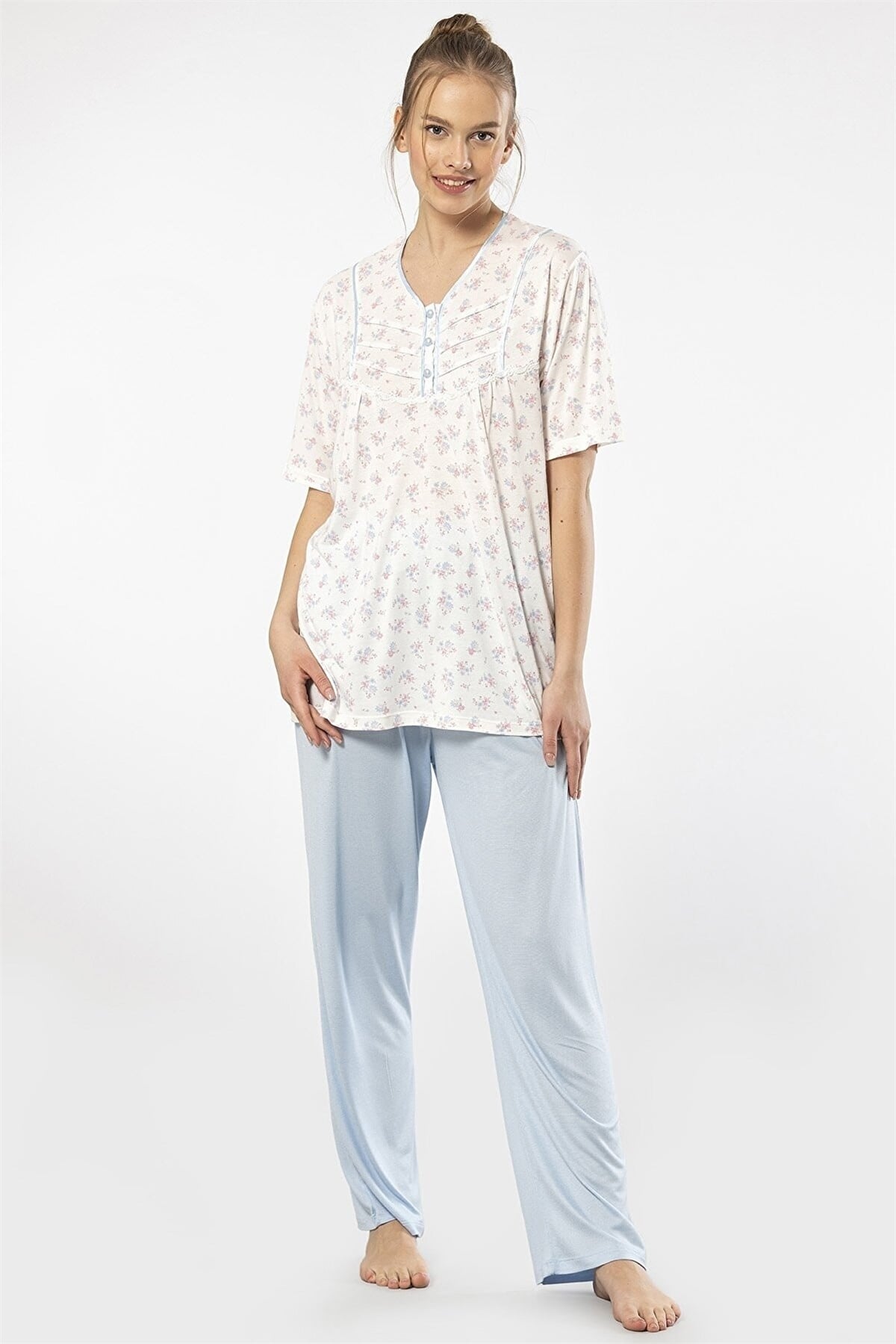 Türen 3369 Mavi Kadın Empirme Patlı Battal Kısa Kollu Pijama TakımKadın Battal Pijama TakımıTüren