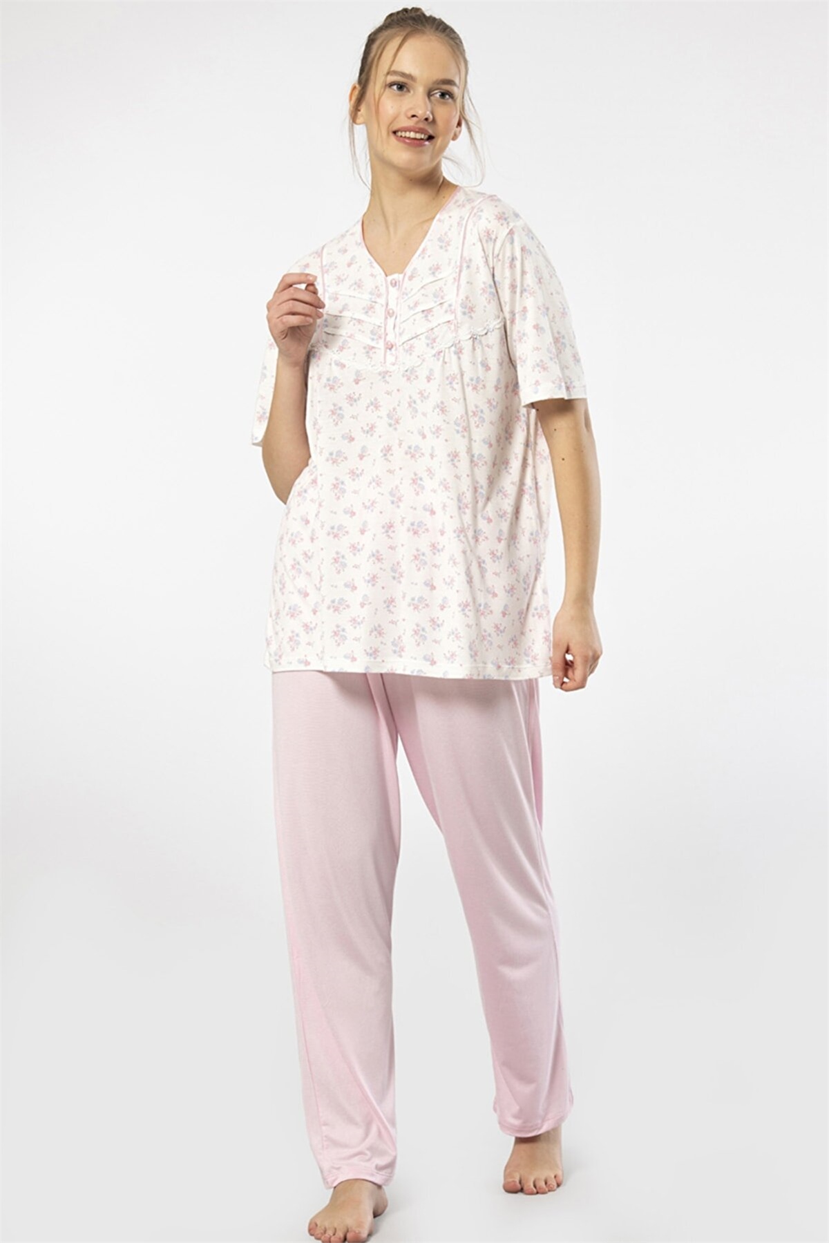 Türen 3369 Pembe Kadın Empirme Patlı Battal Kısa Kollu Pijama TakımKadın Battal Pijama TakımıTüren