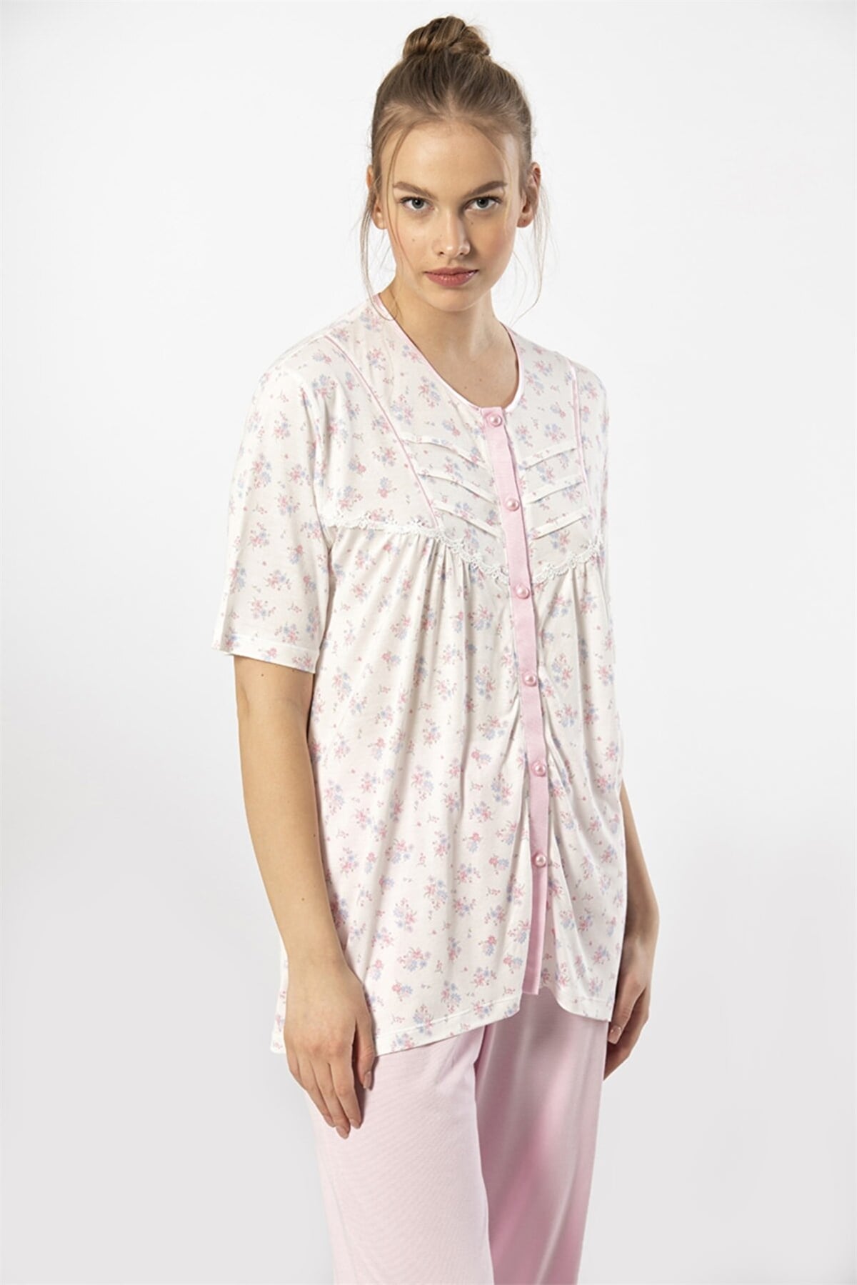 Türen 3370 Pembe Kadın Empirme Düğmeli Battal Kısa Kollu Pijama TakımKadın Battal Pijama TakımıTüren