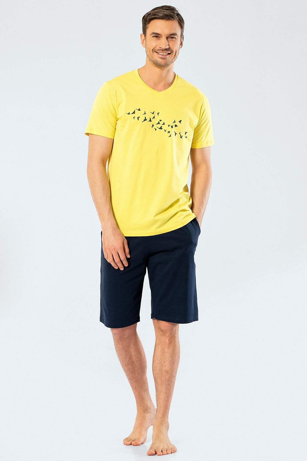 Türen 4136 Sarı Erkek Baskılı V Yaka Bermuda Şort Pijama TakımŞort TakımıTüren