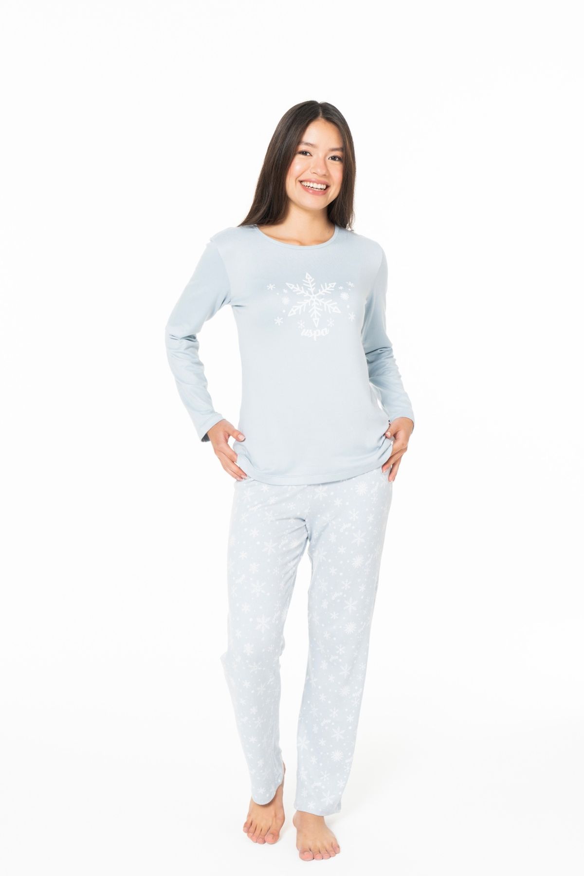 U.S. Polo Assn. 20151 Kadın Mavı Yuvarlak Yaka Uzun Kollu Pijama TakımıKadın Pijama TakımıU.S. Polo Assn.