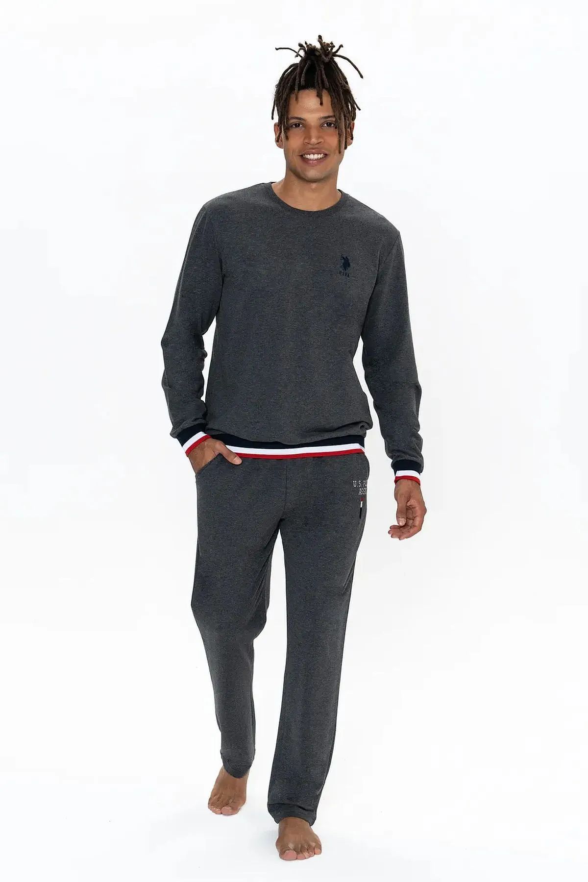 U.S. Polo Assn. 18920 Erkek Antrasıt Melanj Uzun Kollu Yuvarlak Yaka Manşetli Pijama TakımıPijama TakımıU.S. Polo Assn.