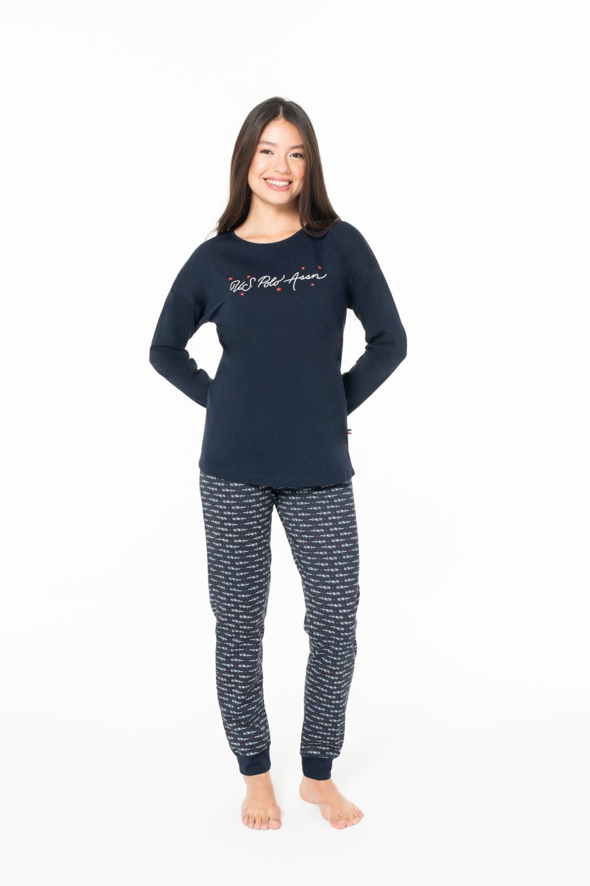 U.S. Polo Assn. 20147 Kadın Lacıvert Yuvarlak Yaka Uzun Kollu Pijama TakımıKadın Pijama TakımıU.S. Polo Assn.