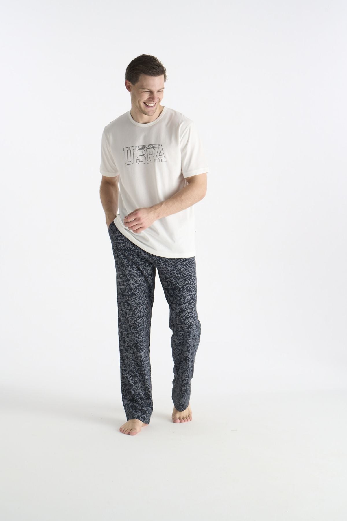 U.S. Polo Assn. 19049 Erkek Ekru Kısa Kollu Yuvarlak Yaka Pijama TakımıPijama TakımıU.S. Polo Assn.