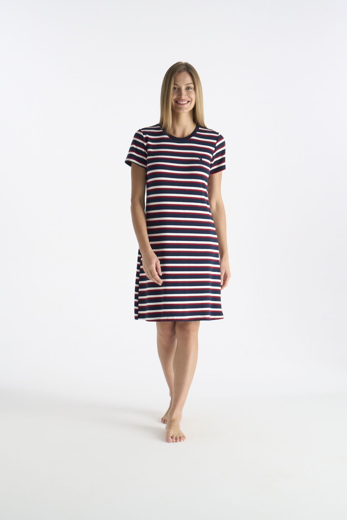 U.S. Polo Assn. 20209 Kadın Lacıvert Kısa Kollu Yuvarlak Yaka Çizgili GecelikKadın GecelikU.S. Polo Assn.