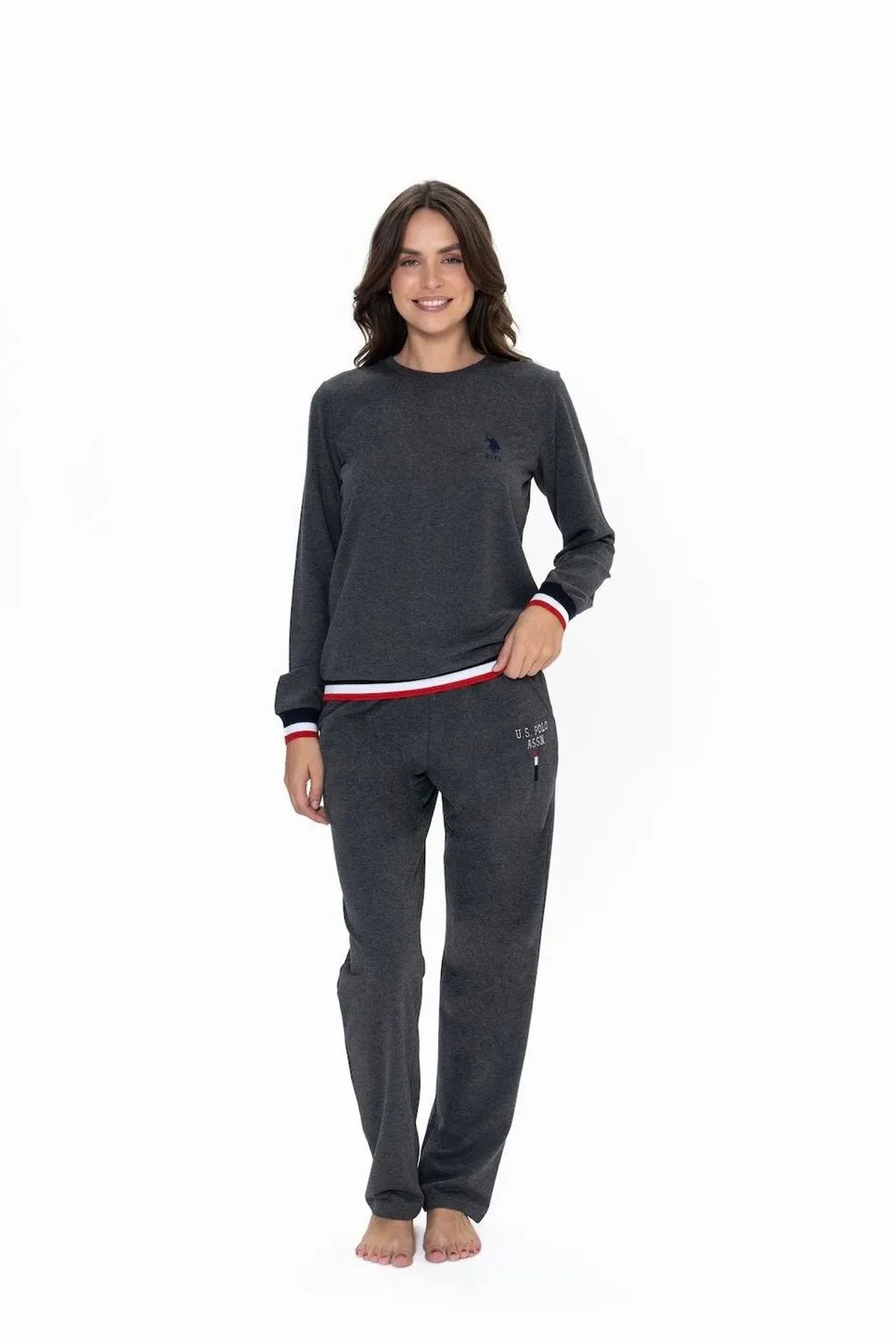 U.S. Polo Assn. 20110 Kadın Antrasıt Melanj Uzun Kollu Yuvarlak Yaka Pijama TakımıKadın Pijama TakımıU.S. Polo Assn.