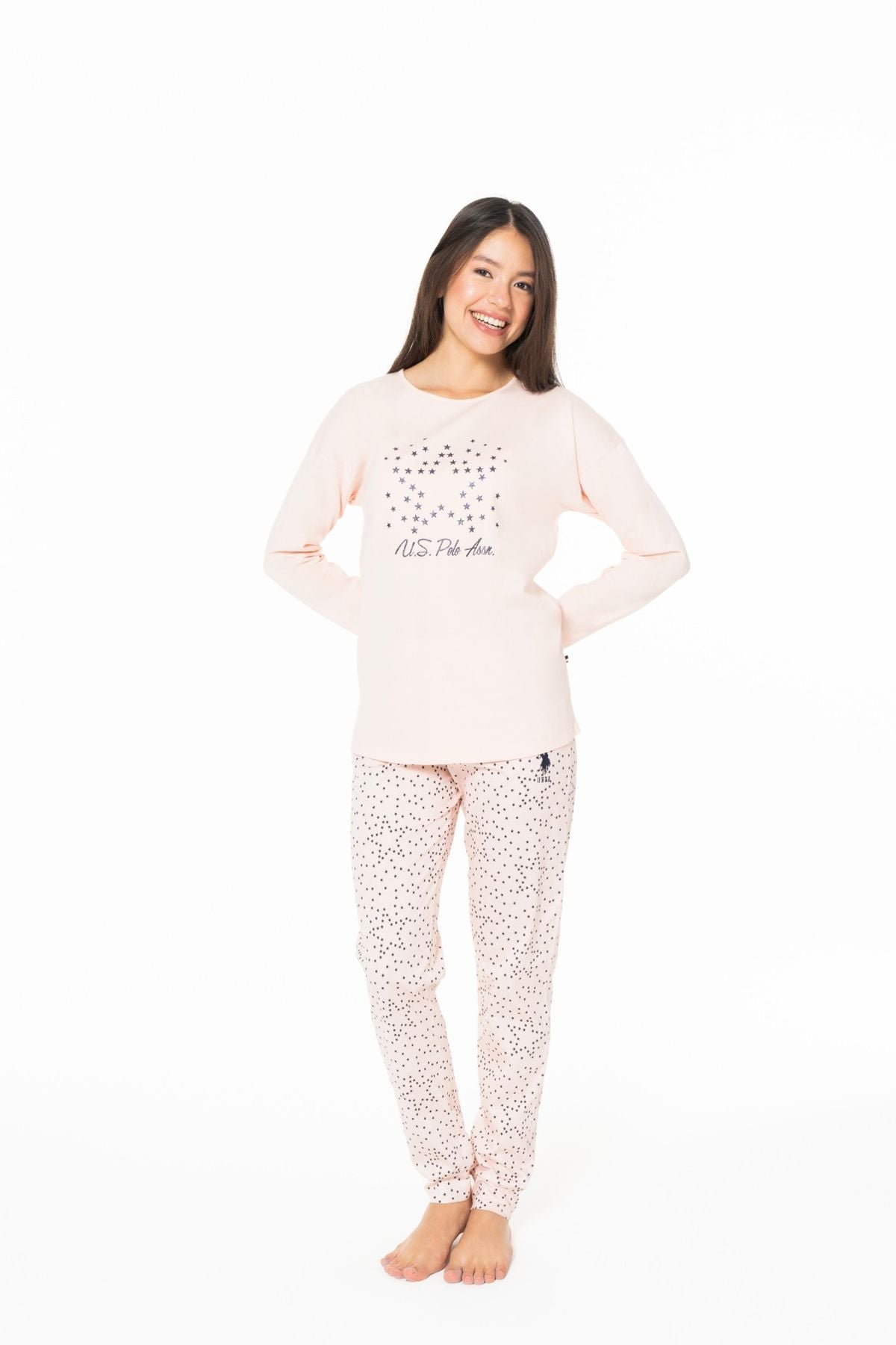 U.S. Polo Assn. 20163 Kadın Somon Yuvarlak Yaka Uzun Kollu Pijama TakımıKadın Pijama TakımıU.S. Polo Assn.