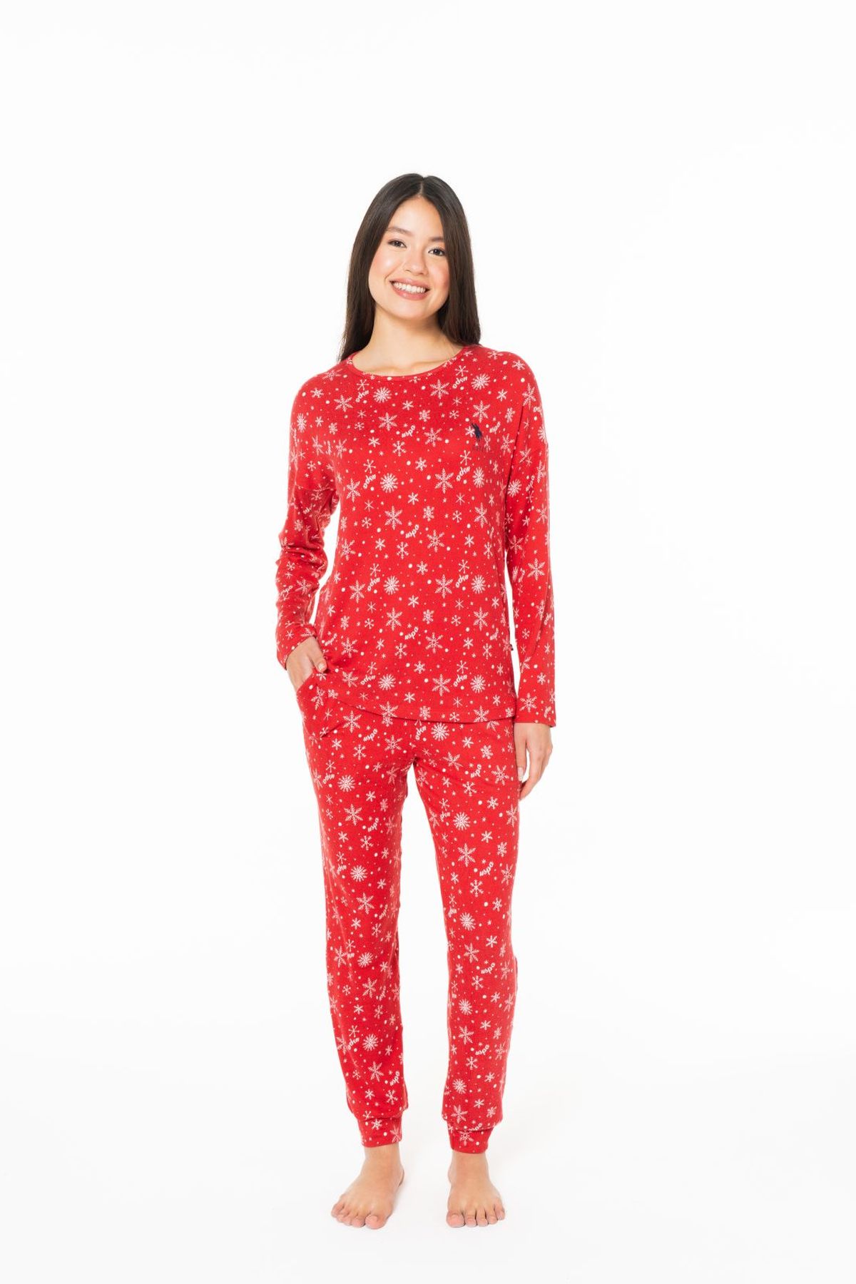U.S. Polo Assn. 20152 Kadın Kırmızı Yuvarlak Yaka Uzun Kollu Pijama TakımıKadın Pijama TakımıU.S. Polo Assn.